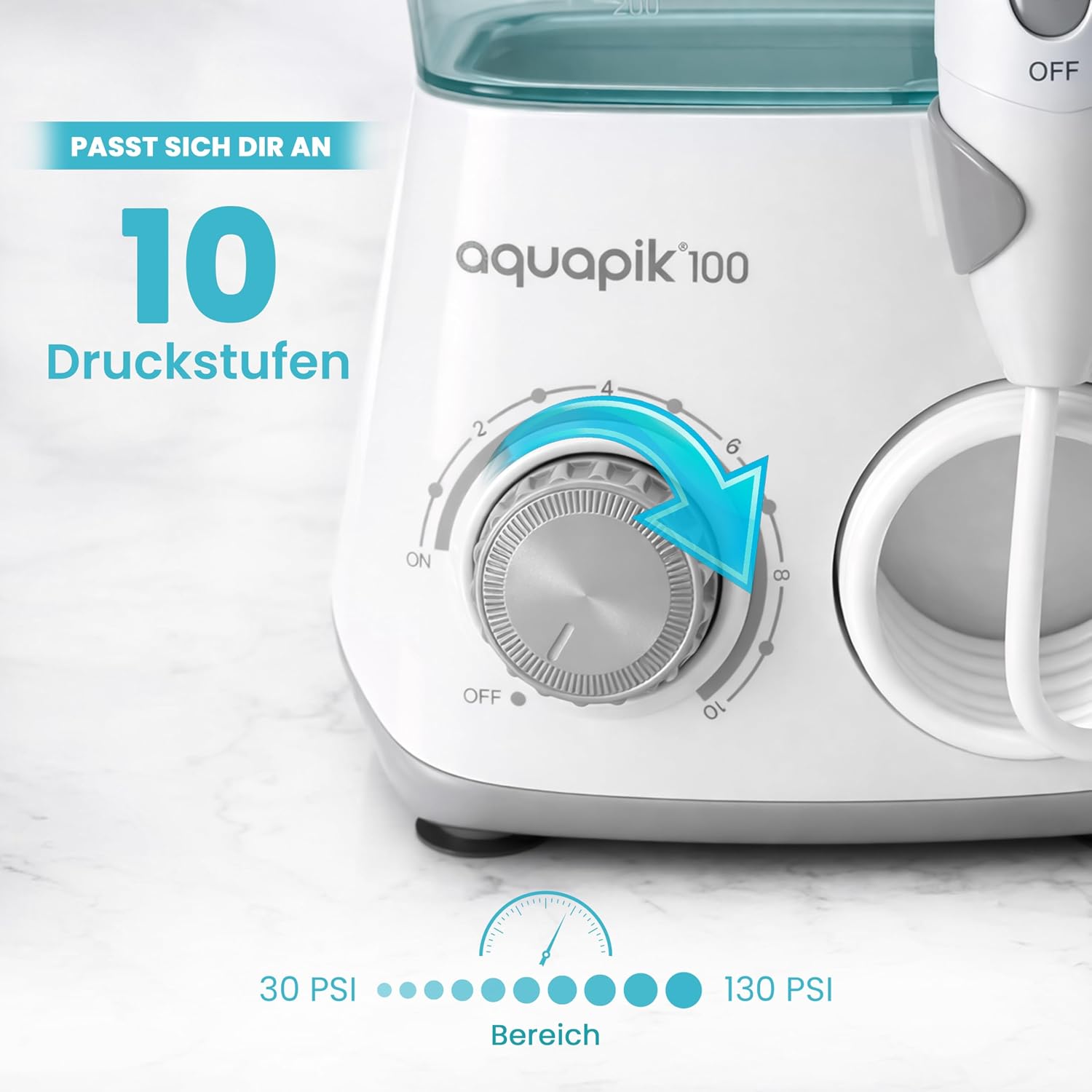 Thumbnail 3 de Aquapik 100: Professionelle Munddusche mit 600 ml Wassertank, 10 Druckstufen und 8 Aufsätzen