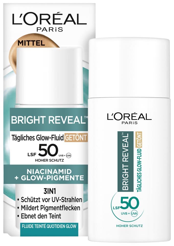 Detalle de L’Oréal Tägliches Getöntes UV Glow-Fluid LSF 50, Niacinamid + Glow-Pigmente – Farbe Mittel