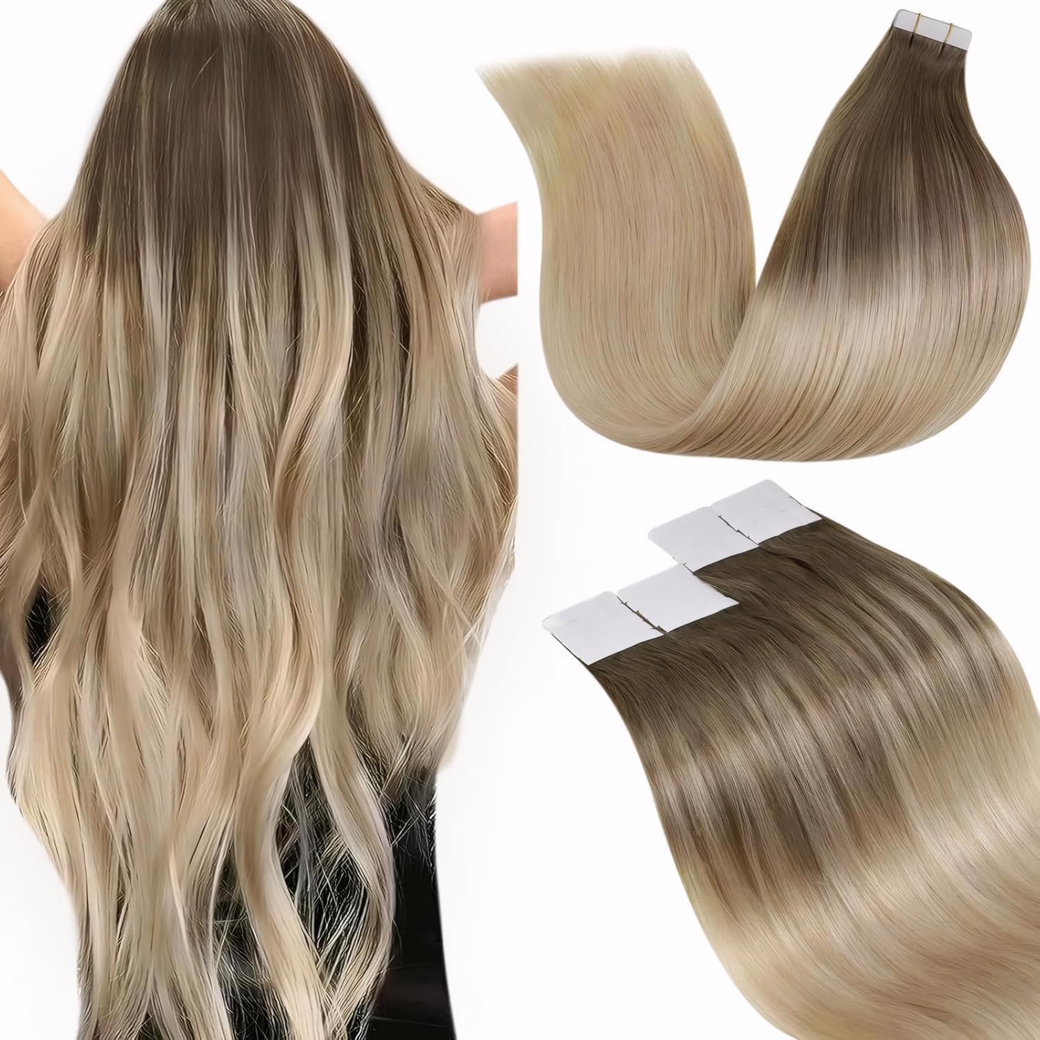 Detalle de LaaVoo Tape-In Hair Extensions: 20-inch Remy Human Hair Ombre (Brown to Ash Blonde) – 50g, 20pcs