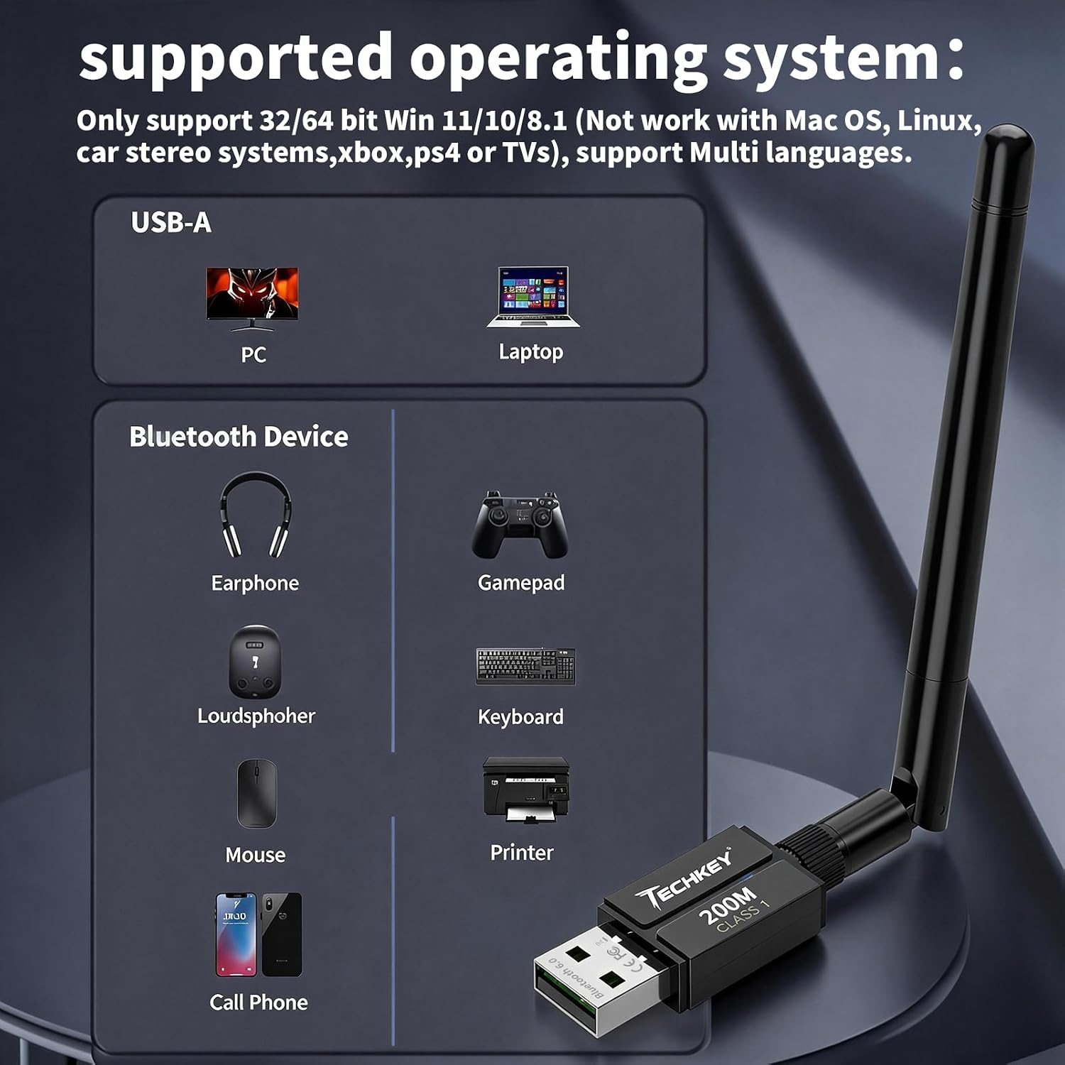Detalle 1 de Techkey Bluetooth USB Adapter, Bluetooth 6.0