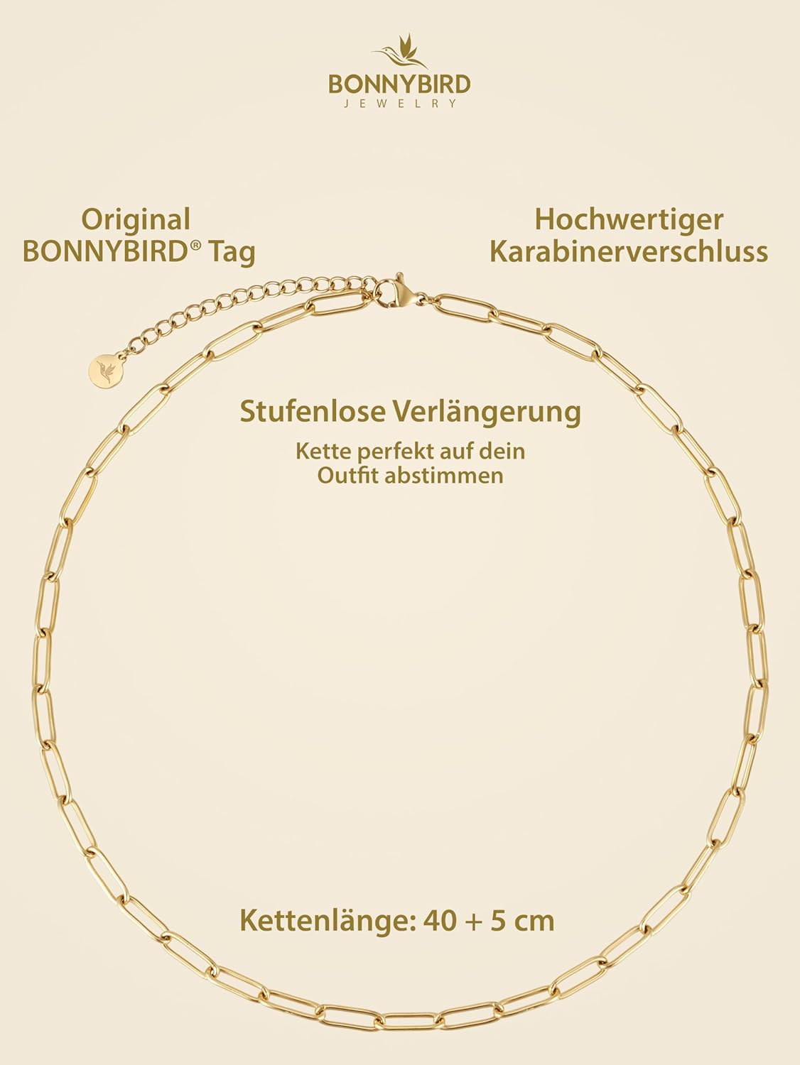Thumbnail 4 de BONNYBIRD® Wasserfeste Edelstahl Gliederkette für Damen (Silber, Gold & Roségold) – 40–45 cm verstellbar