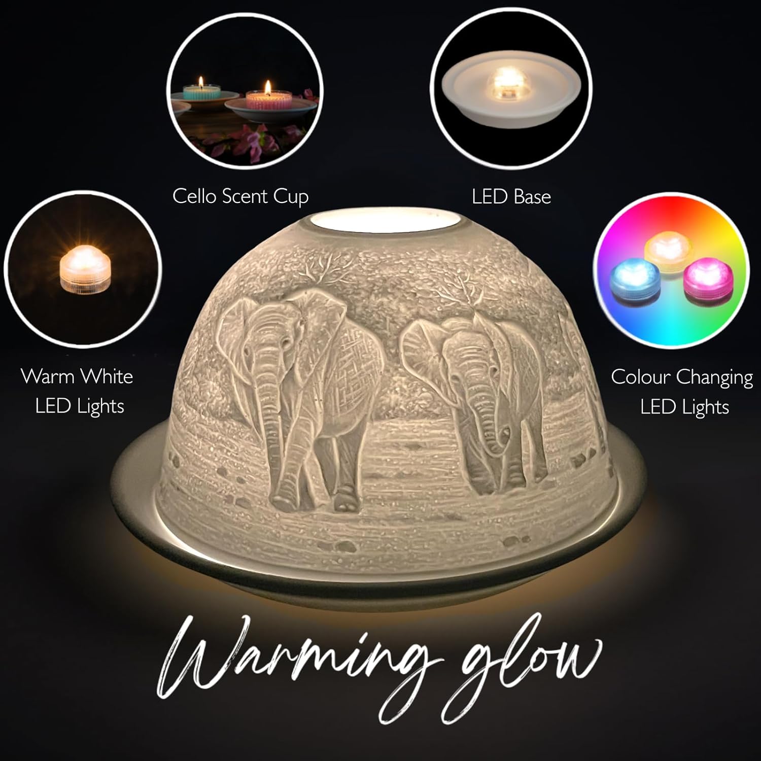 Thumbnail 5 de Cello Porcelain Tealight Holder Dome – Elephant Family 3D Projection Lithophane for LED or Wax Candle