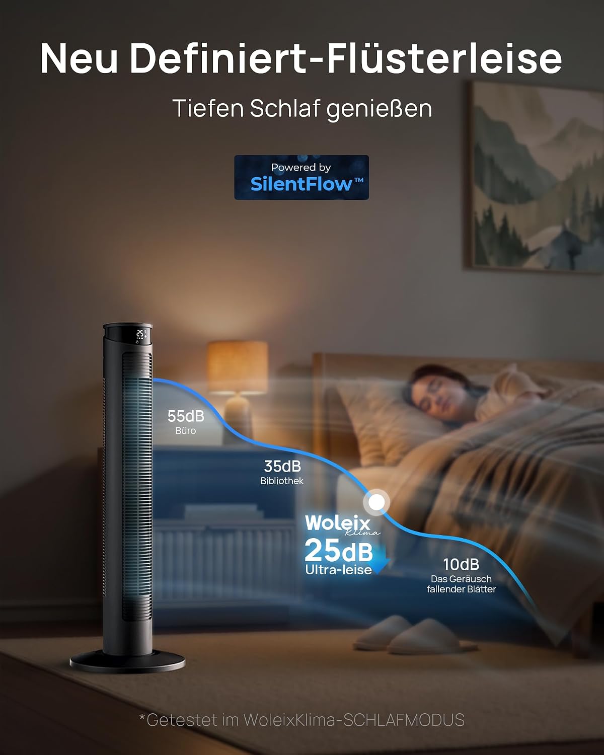 Detalle de WoleixKlima Turmventilator – sehr leise, 75° Oszillation, Fernbedienung, 12h Timer, 40W