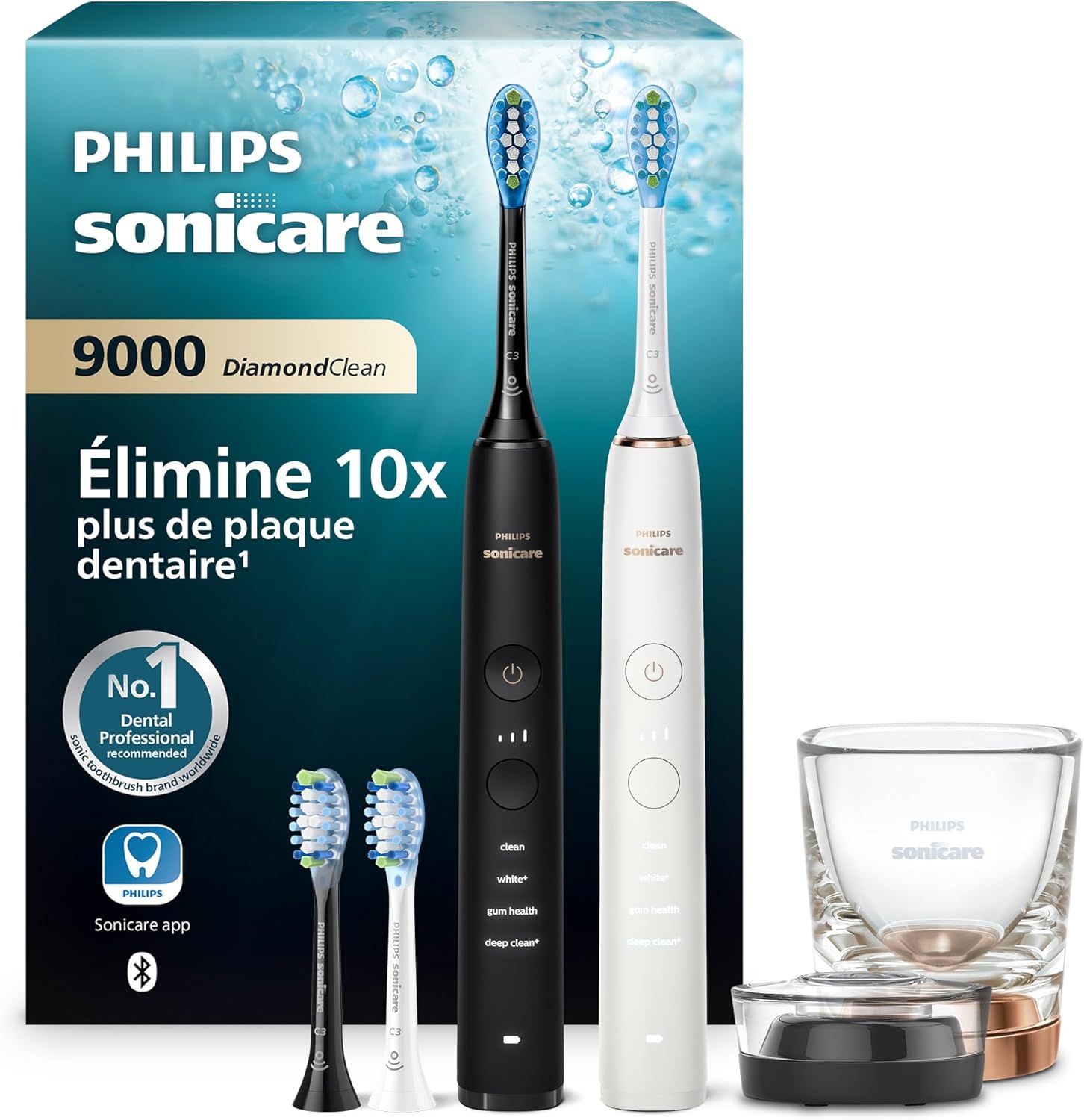 Detalle de Philips Sonicare DiamondClean 9000 – Lot de 2 brosses électriques connectées HX9914/61, Noir Rose or