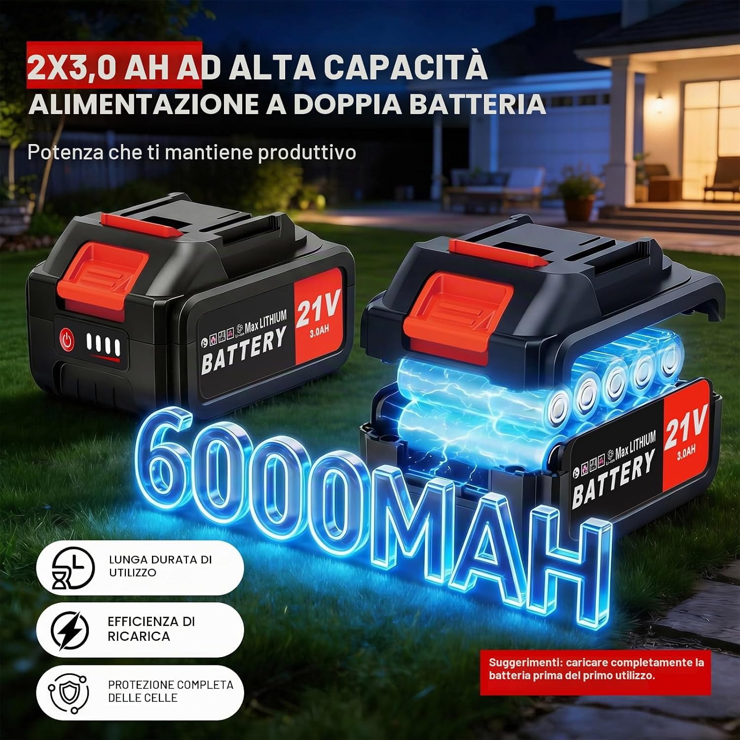 Detalle de Decespugliatore a Batteria da 30 cm con Motore Anteriore Brushless e 4 lame – 2x3000mAh