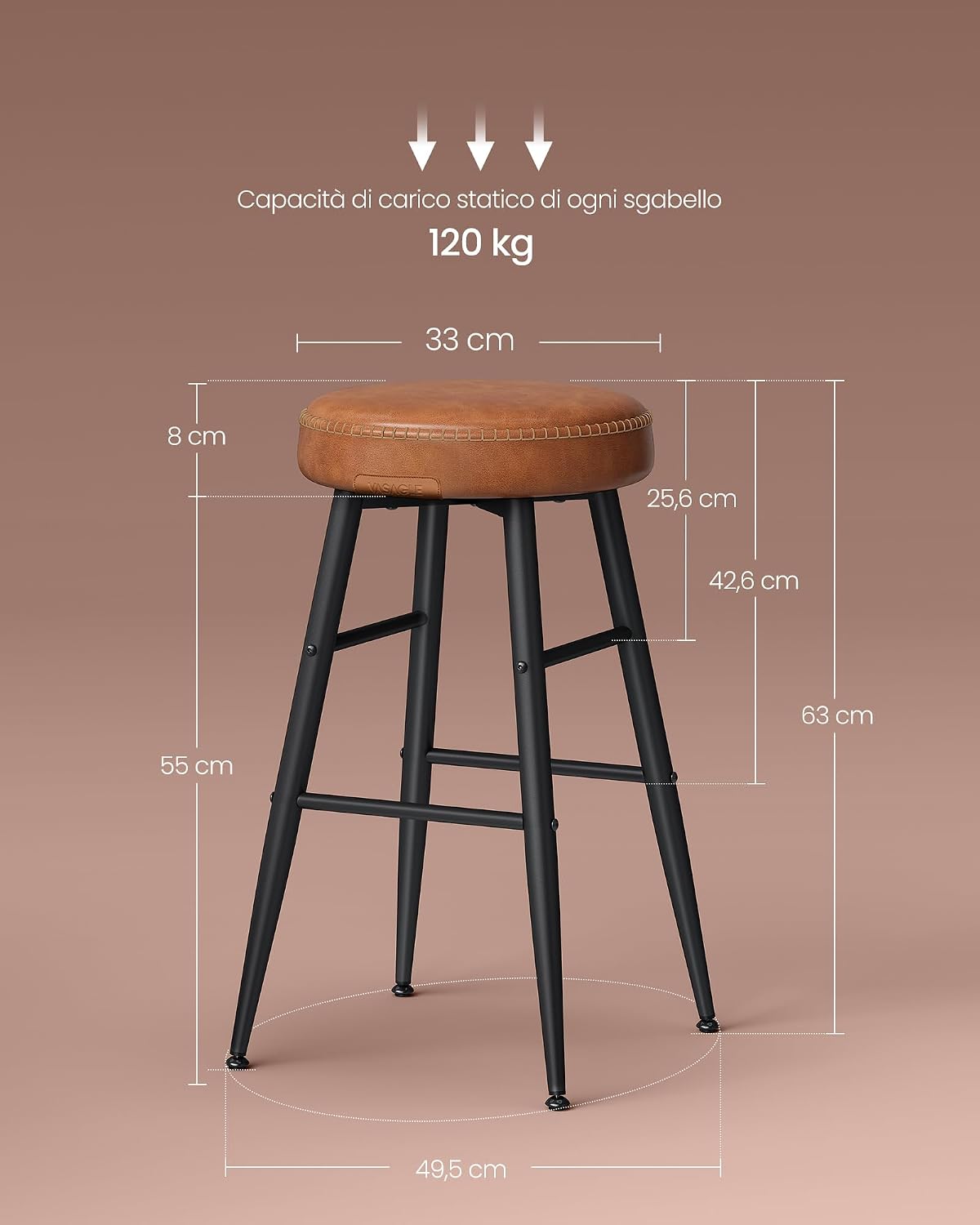 Detalle de VASAGLE EKHO Collezione: Sgabelli Cucina da Bar, Set da 2, altezza 63 cm, PU con cucitura marrone caramello (LBC080K01V1)