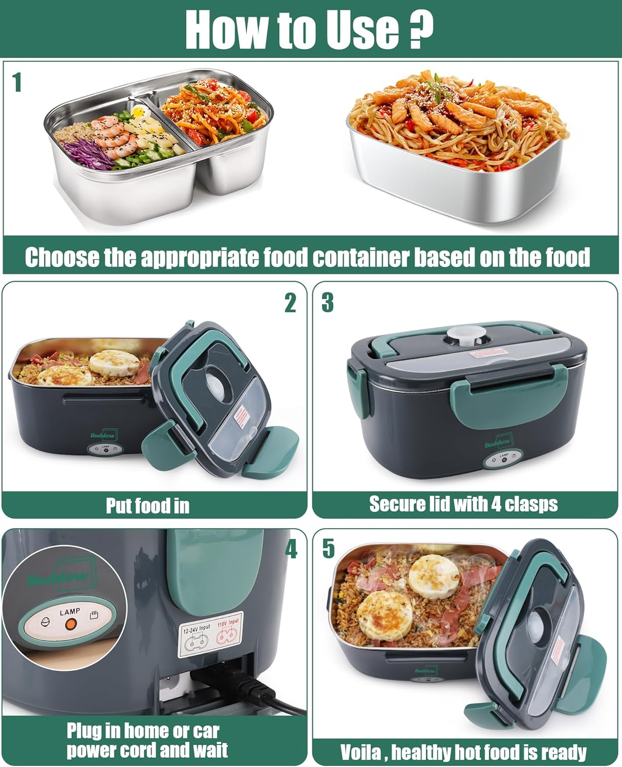 Thumbnail 4 de Buddew Electric Heated Lunch Box: 80W Fast Heating, 1.5L Stainless Steel Duo, 110V/12V/24V Portable Warmer