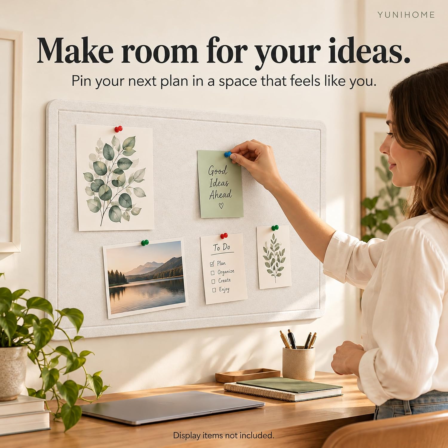 Detalle de Yunihome Foldable Felt Bulletin Board, 60 x 90 cm, White, 20 Push Pins