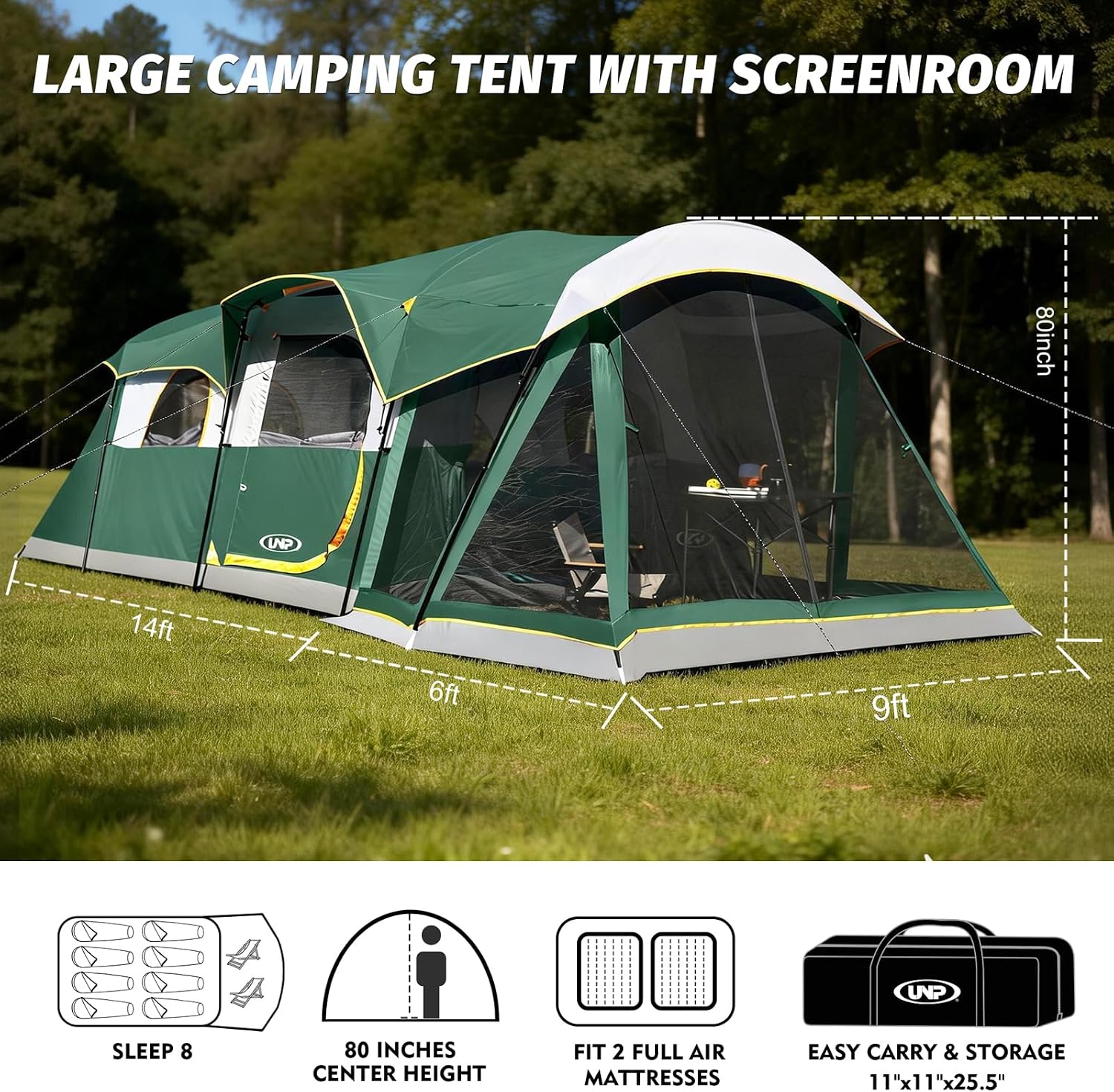 Detalle de UNP Camping Tent 8 Person Waterproof Big Tunnel Tent with Screen Porch (20' x 9' x 80" H)
