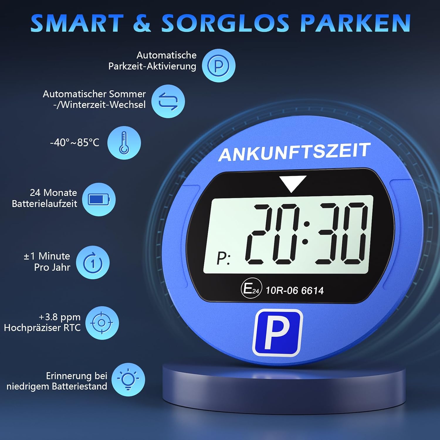 Detalle de Warmfay® Elektronische Parkscheibe (KBA-zugelassen) mit 2 Displays, Nachtparkmodus und automatischer Zeiterkennung