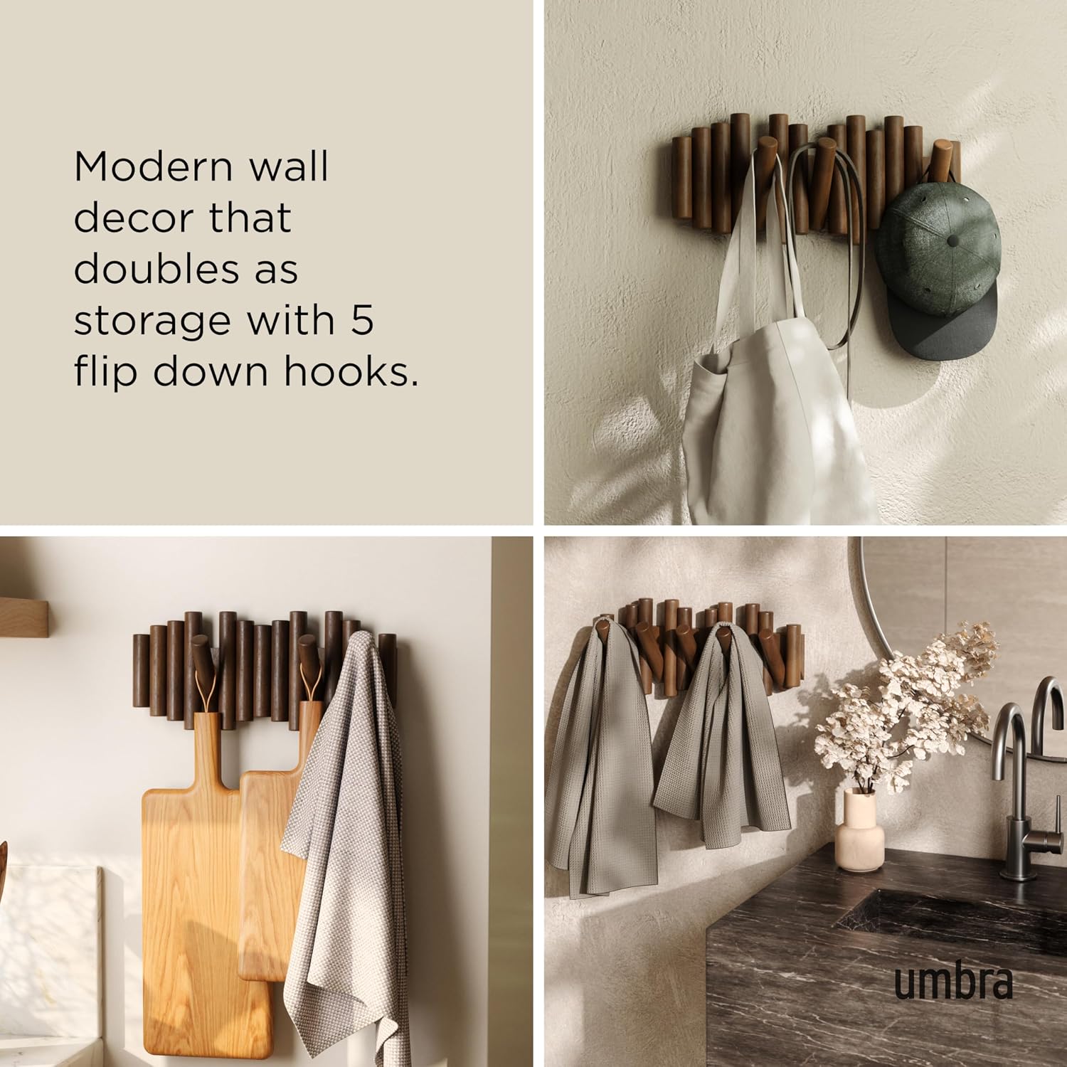 Detalle de Umbra Picket garderobslist med 5 fällbara krokar i valnötsantik finish