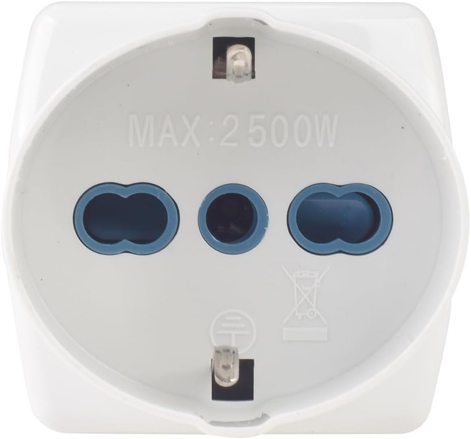 Detalle de Adattatore Multiprese da Viaggio: 2 prese bipasso 10/16A + 1 universale, compatibile Schuko e 16A 2P+T