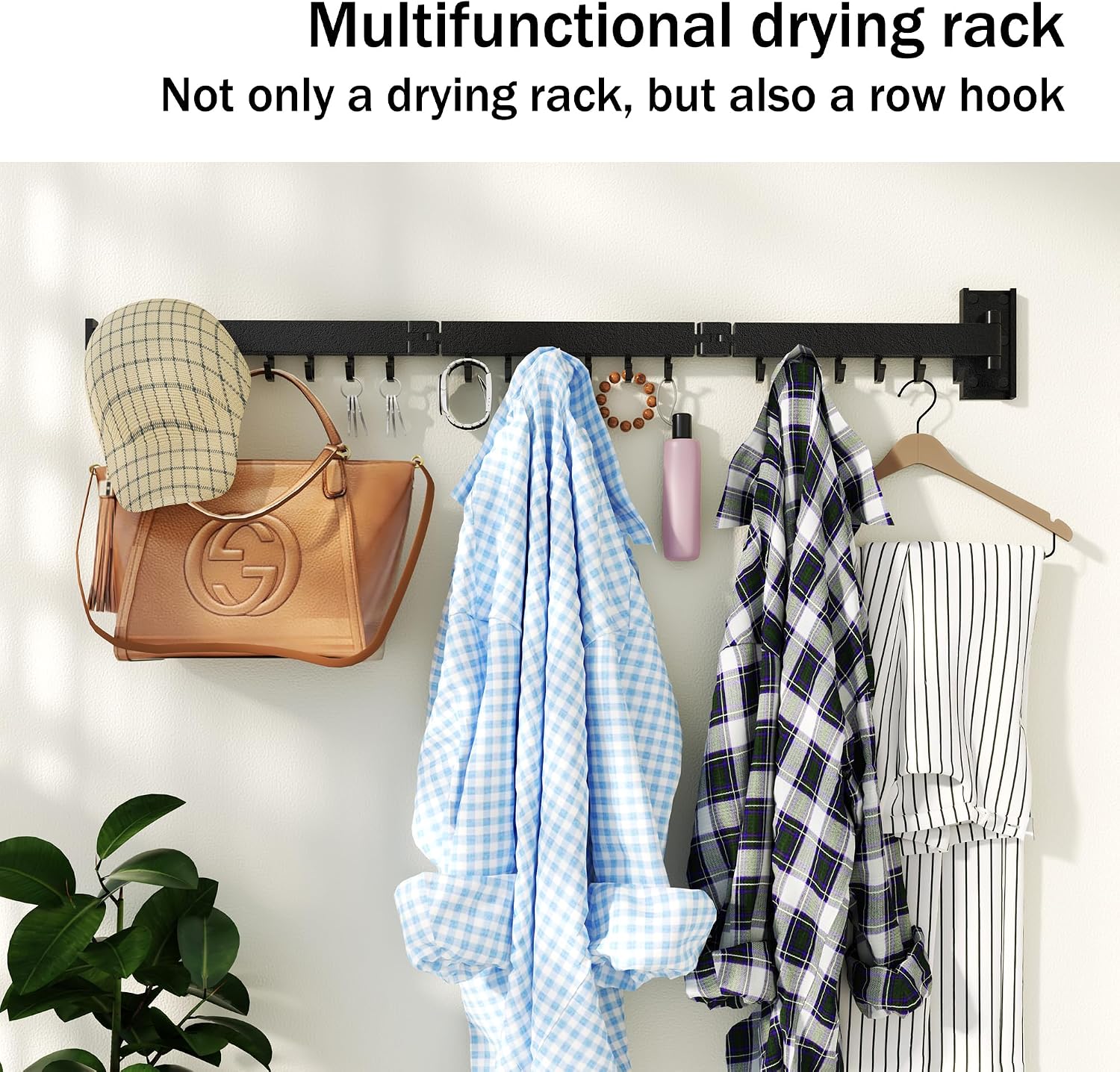 Detalle de HEILAIYI J shape Wall-Mounted Drying Rack, 3 Poles, 18 Hooks, Folding Metal
