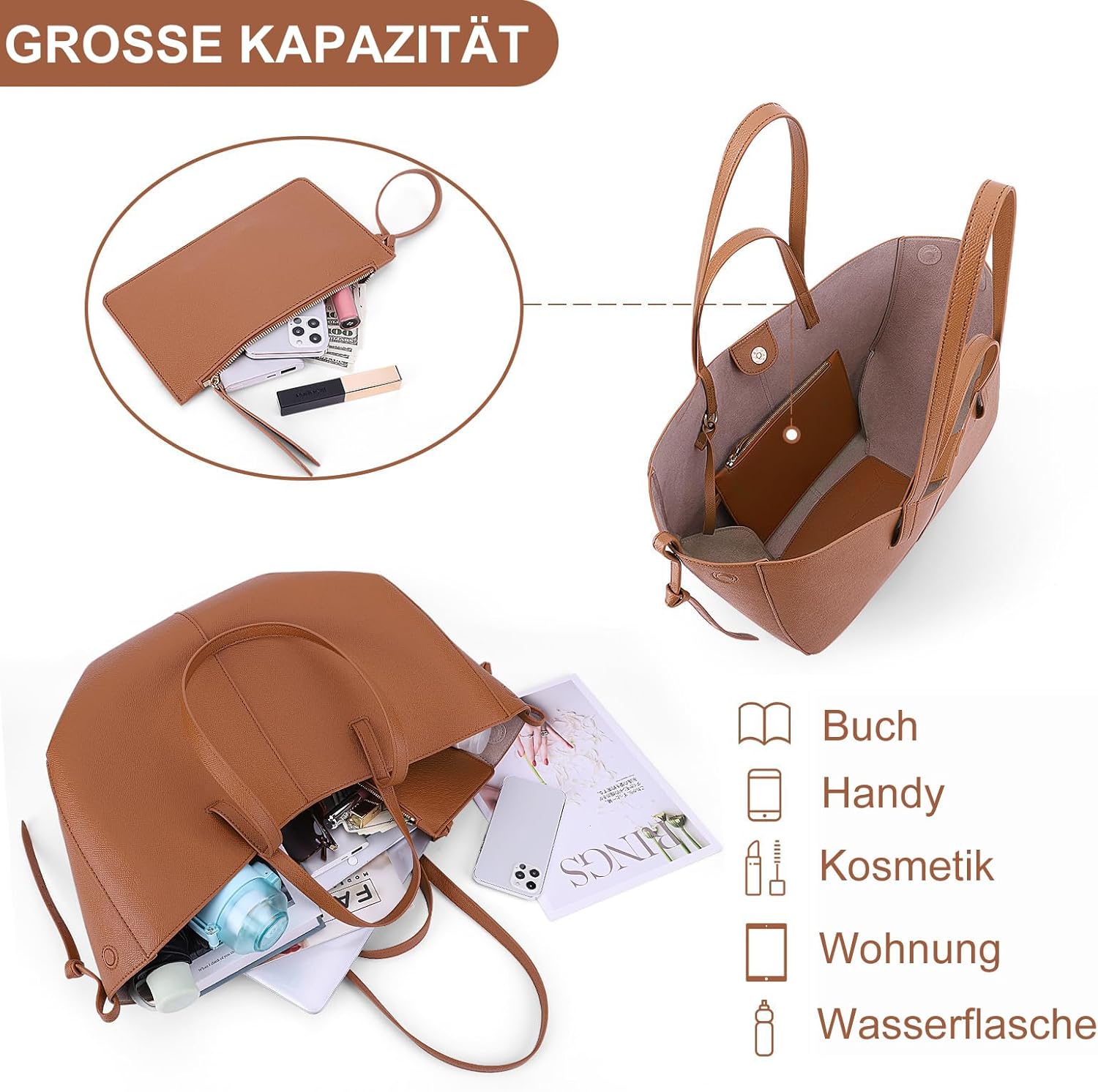 Thumbnail 4 de TIAASTAP Groß Handtasche Damen Tote Bag aus Kunstleder – Stilvolle Shopper für Uni, Alltag und Reisen