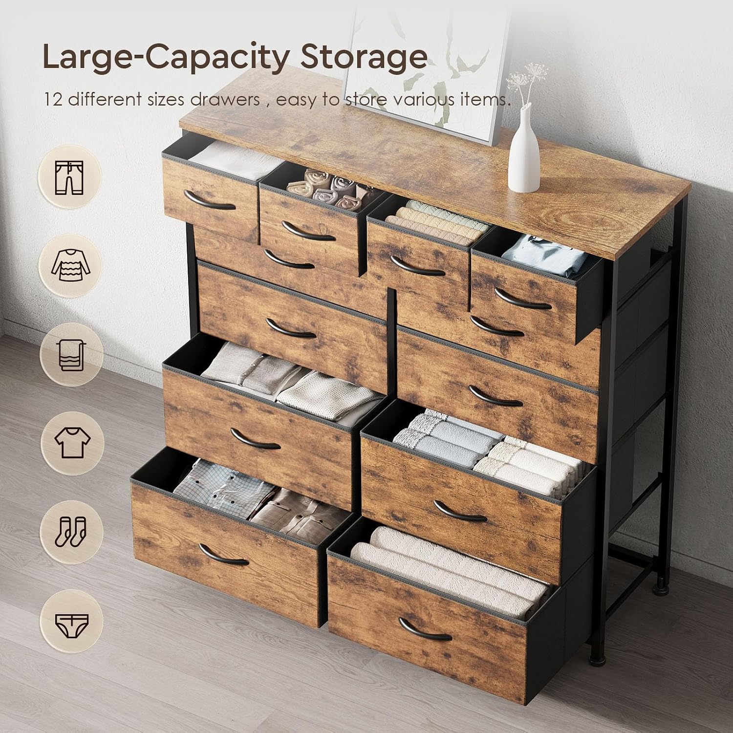 Detalle de YeTom 12-Drawer Dresser, Brown Fabric Bins, 100 cm Wide