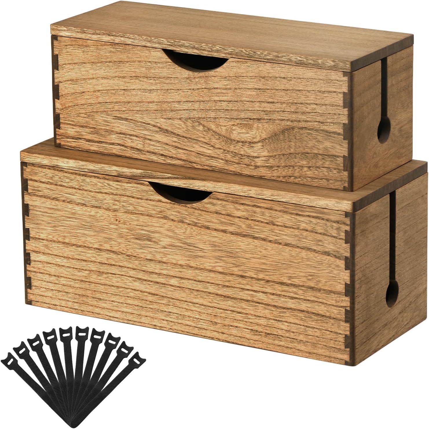 Detalle de KIRIGEN kabelbox i massivt paulowniaträ, 2-pack med gångjärnslock, mörkbrun