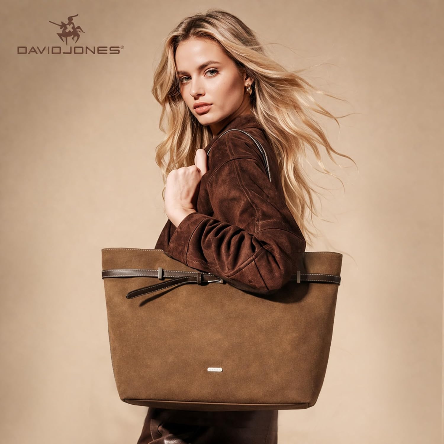 Thumbnail 1 de David Jones sac à main shopping grande taille en simili daim PU, porté épaule avec anse longue (A4, 1 compartiment zippé)