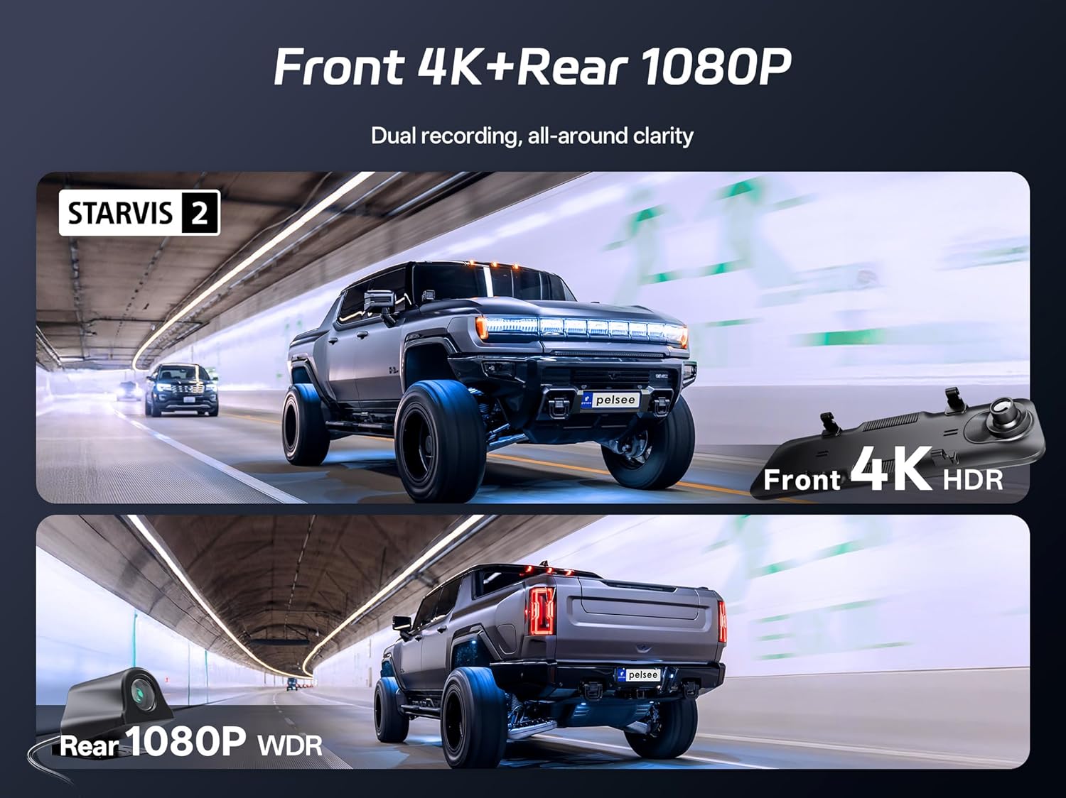 Thumbnail 3 de Pelsee S12 Pro Mirror Dash Cam with STARVIS 2 Sensor (4K Front + 1080P Rear) and 5.8GHz Wi‑Fi