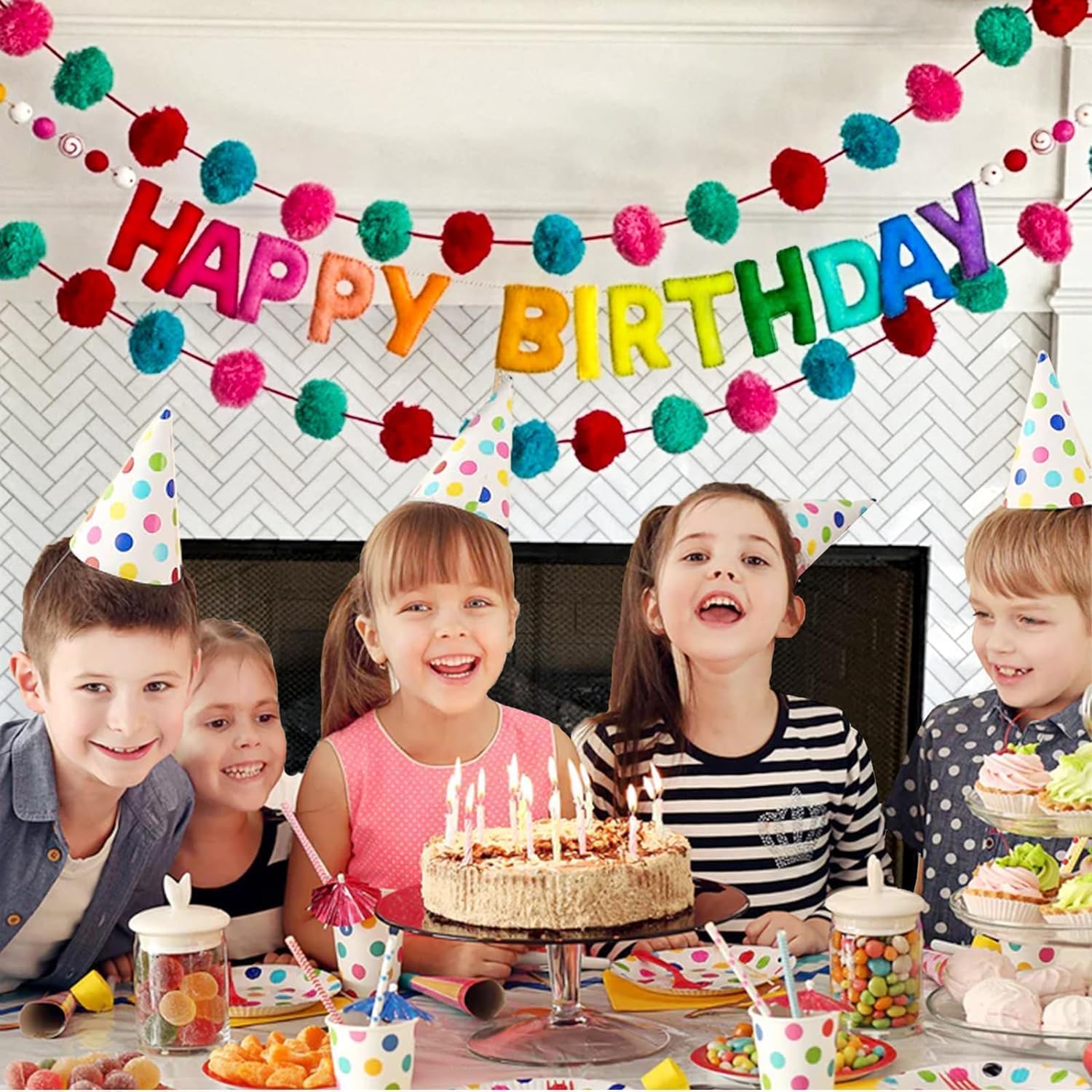 Detalle 2 de Pre-Strung Happy Birthday Banner - Felt Ball Garland (Red) – Rainbow Themed, Ready to Hang