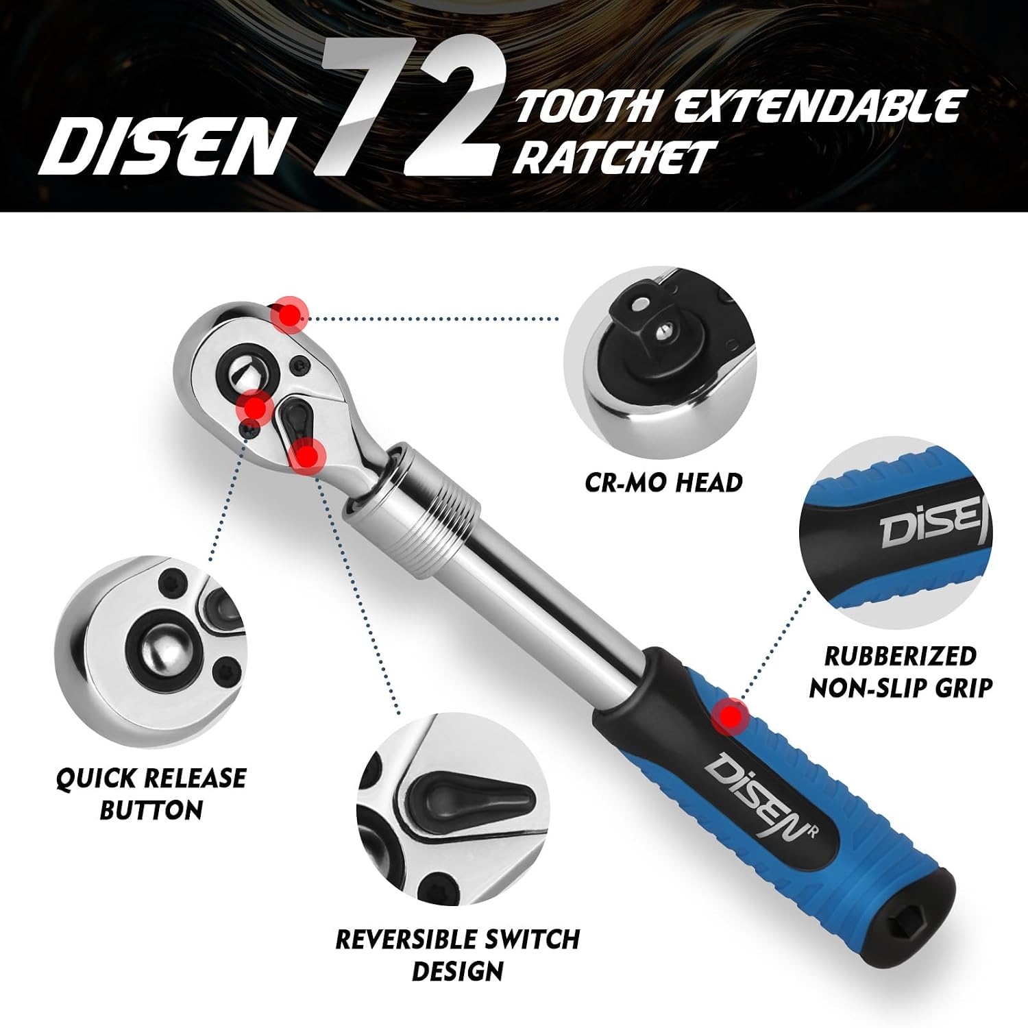 Detalle 2 de DISEN DISEN-3GDTJLBNew Extendable Ratchet Wrench Set, 72-Tooth, 3 Drive Sizes