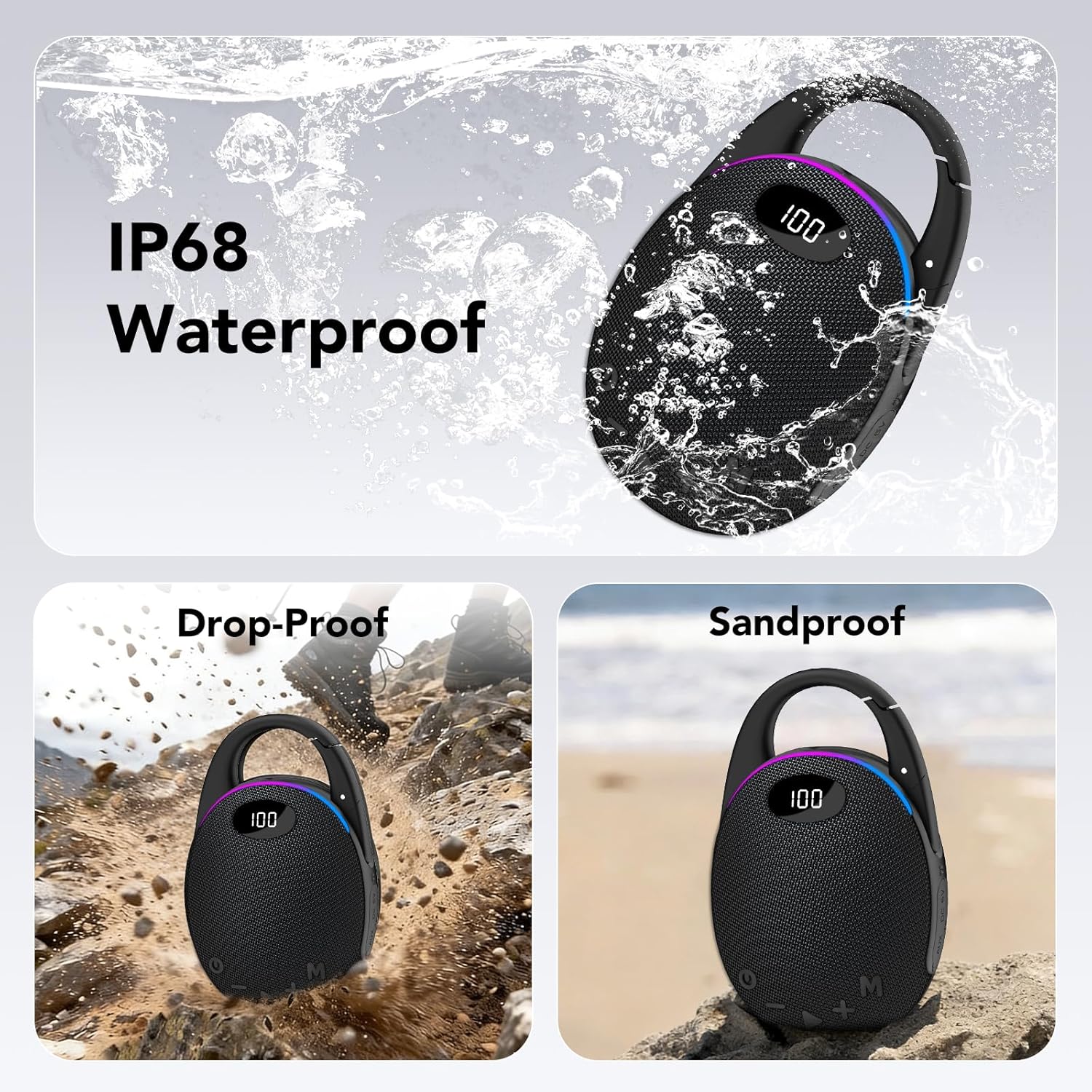 Thumbnail 6 de Portable Bluetooth Speaker Mini for Outdoor Use with HD Sound, LED Battery Display, Carabiner, 25H Playtime & TWS