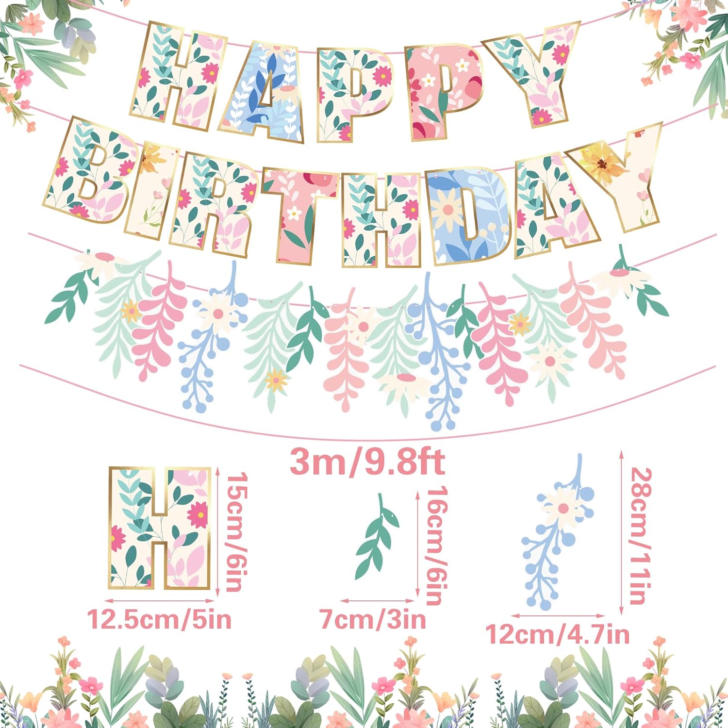 Thumbnail 1 de EASY JOY Wildflower Birthday Banner Set (3 Pcs) – Pre-Strung Floral Garlands