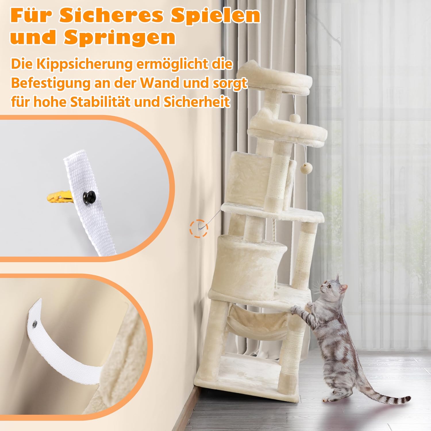 Detalle de Yaheetech Kratzbaum 158 cm mit 2 Katzenhäusern, 2 Plattformen und Sisal-Seil (beige)
