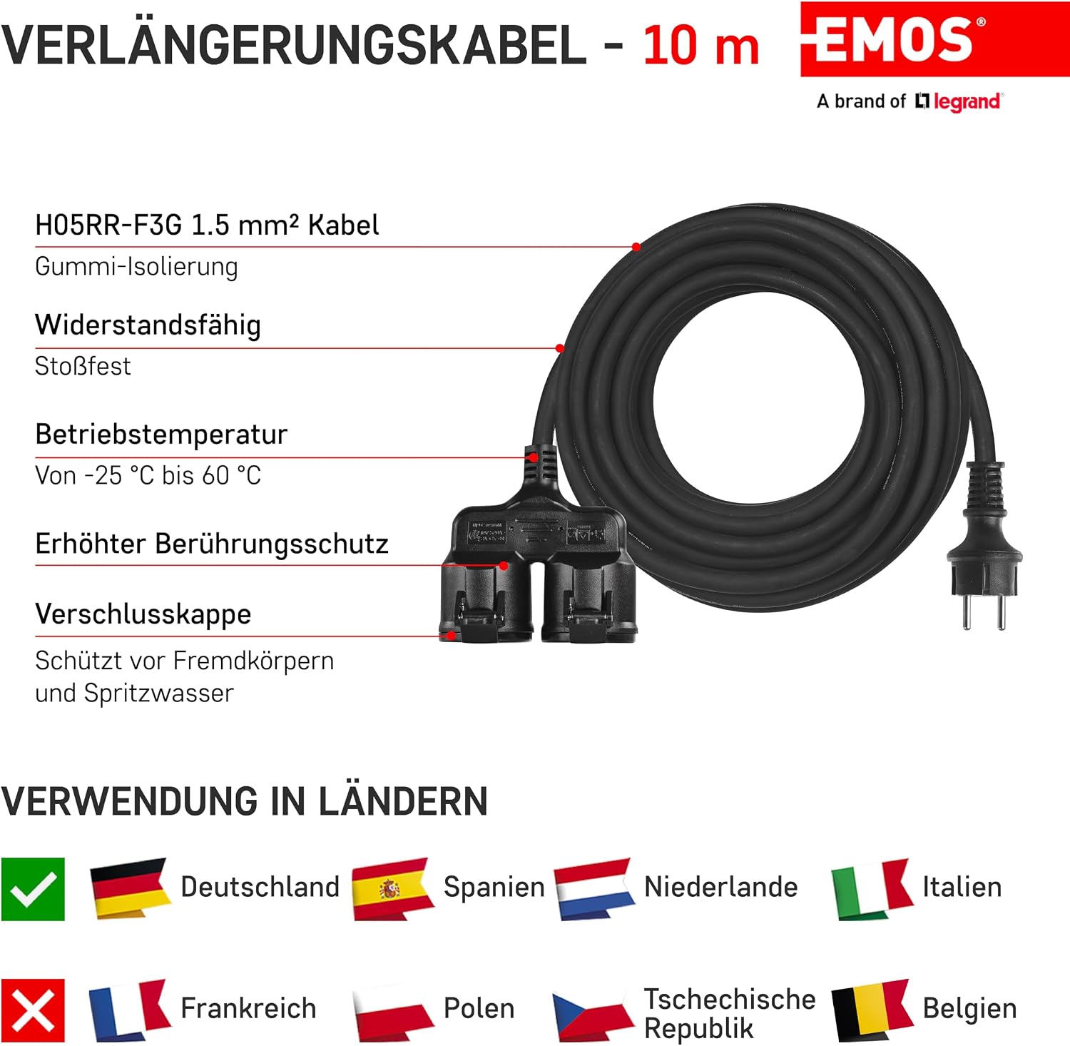 Thumbnail 2 de EMOS IP44 Verlängerungskabel 10 m – 2 Schuko-Steckdosen, wasserdicht und robust