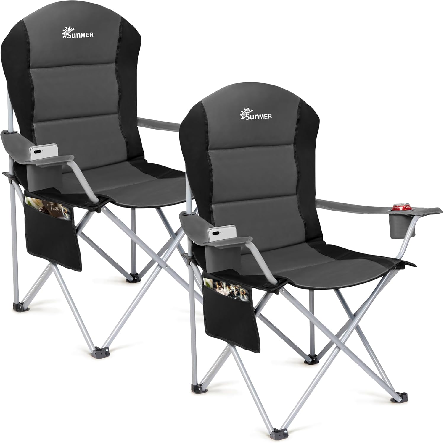 Detalle de SUNMER Padded Camping Chairs – 2 Deluxe Folding Chairs with Cup Holder, Side Pockets & 120kg Load, Dark Grey