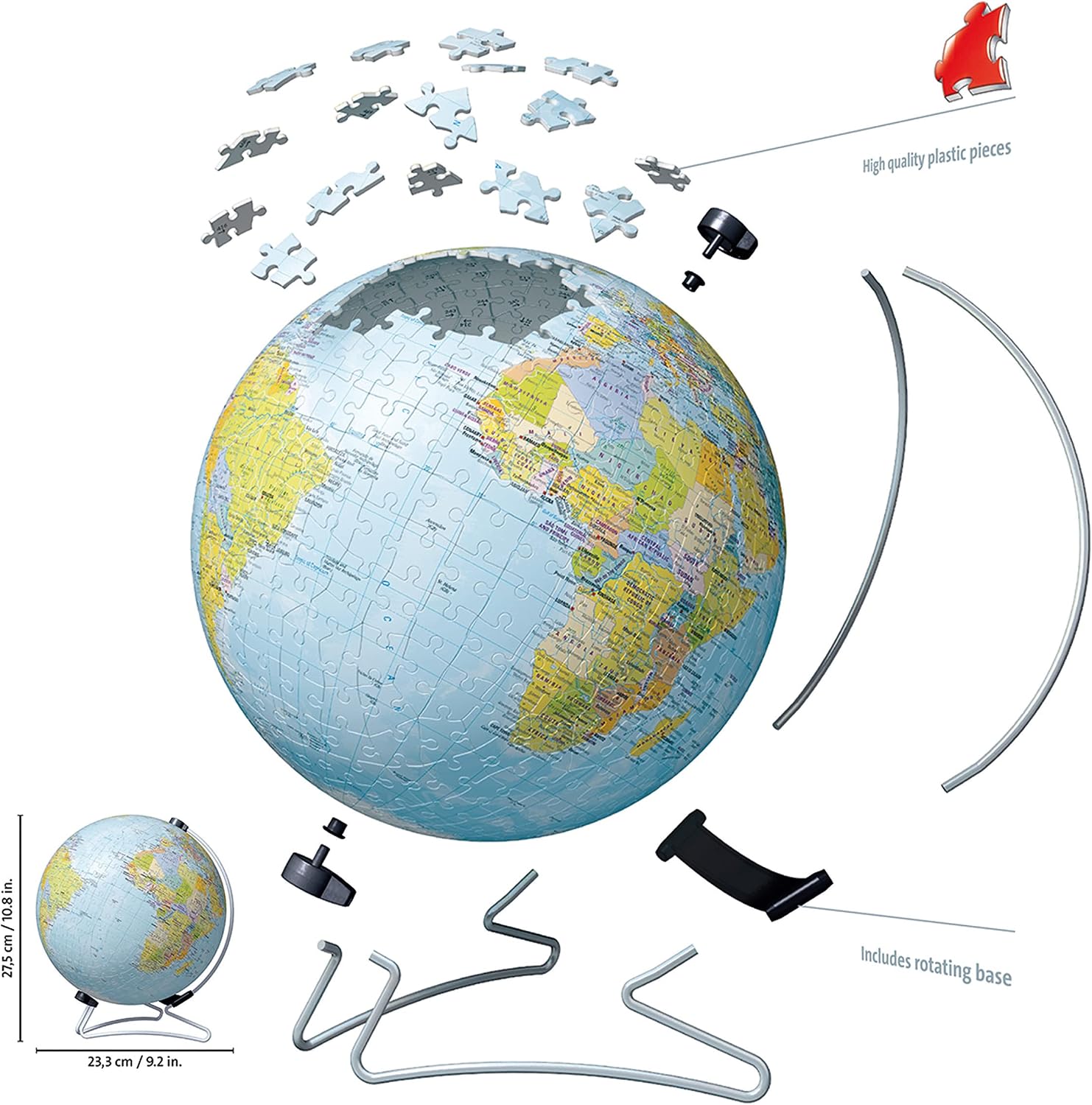 Detalle de Ravensburger 3D World Globe Puzzle on V-Stand – 540-Piece 3D Globe (20 cm) for Ages 10+