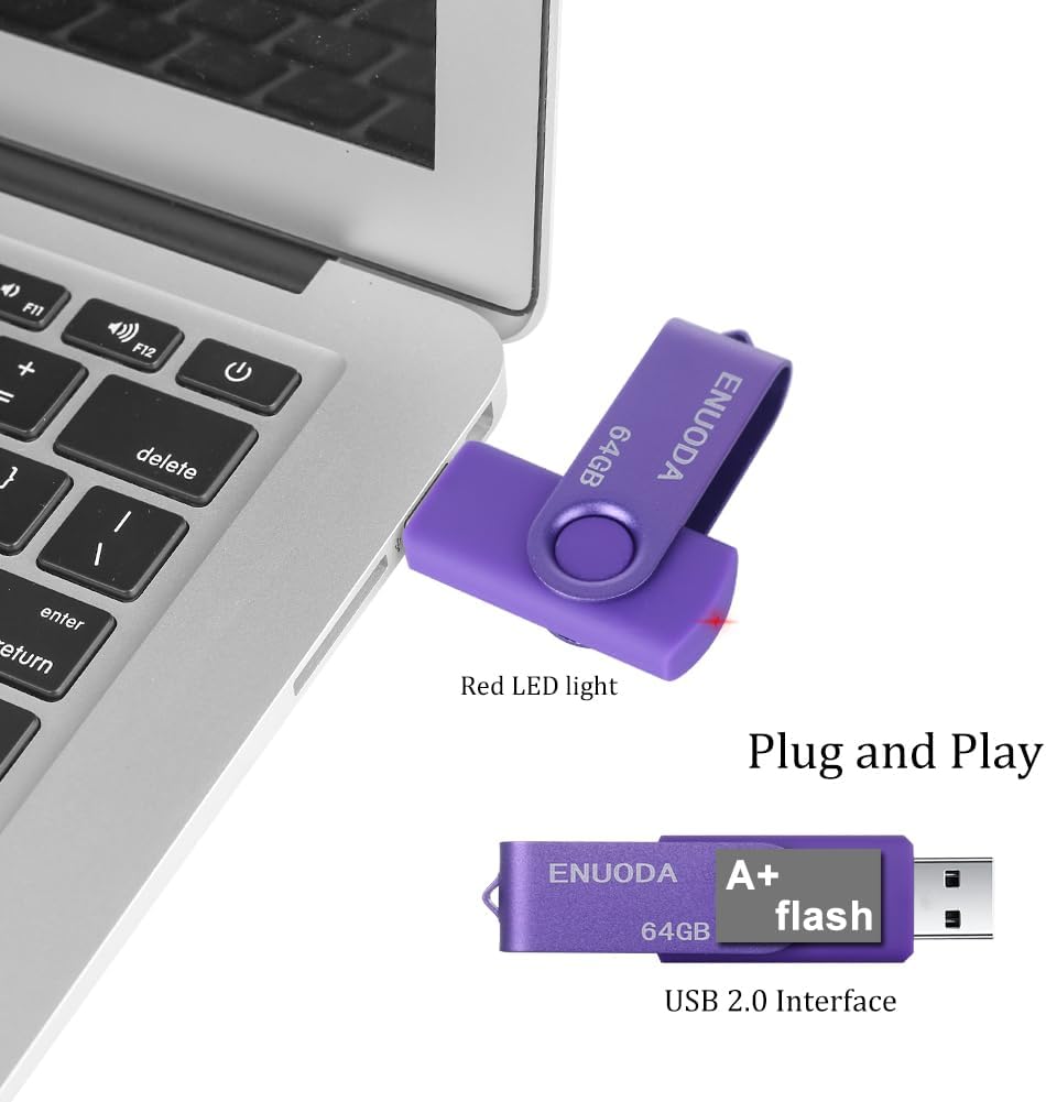 Detalle de ENUODA USB-Stick 64GB – Drehbarer Metallclip, USB 2.0, Lila