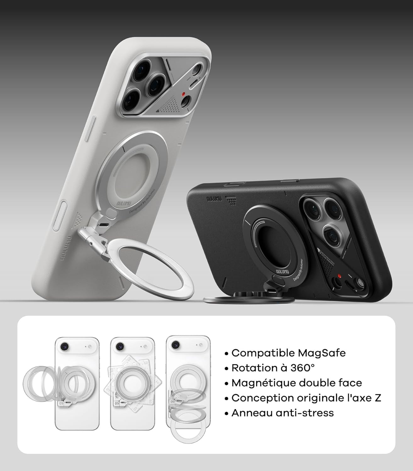 Thumbnail 1 de Aulumu G09 Anneau Téléphone Portable – Support Magnétique Double Face avec Rotation 360° pour MagSafe (Argent)