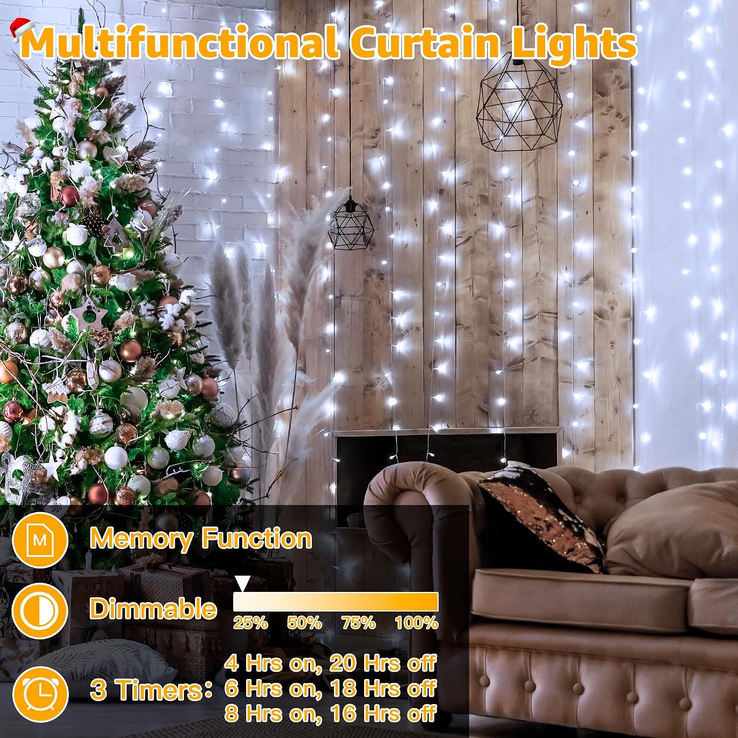 Detalle de Ollny Curtain Fairy Lights (300 LED, 3m x 3m waterfall) – mains powered with remote, timer & 8 modes