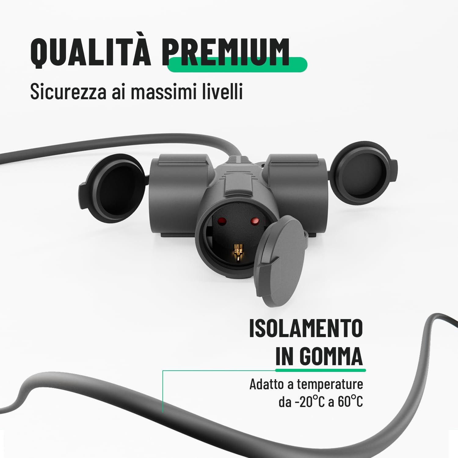 Detalle de Prolunga elettrica IP44 da 5 m con 3 prese – Greate, 3500W, 16A, cavo robusto in gomma