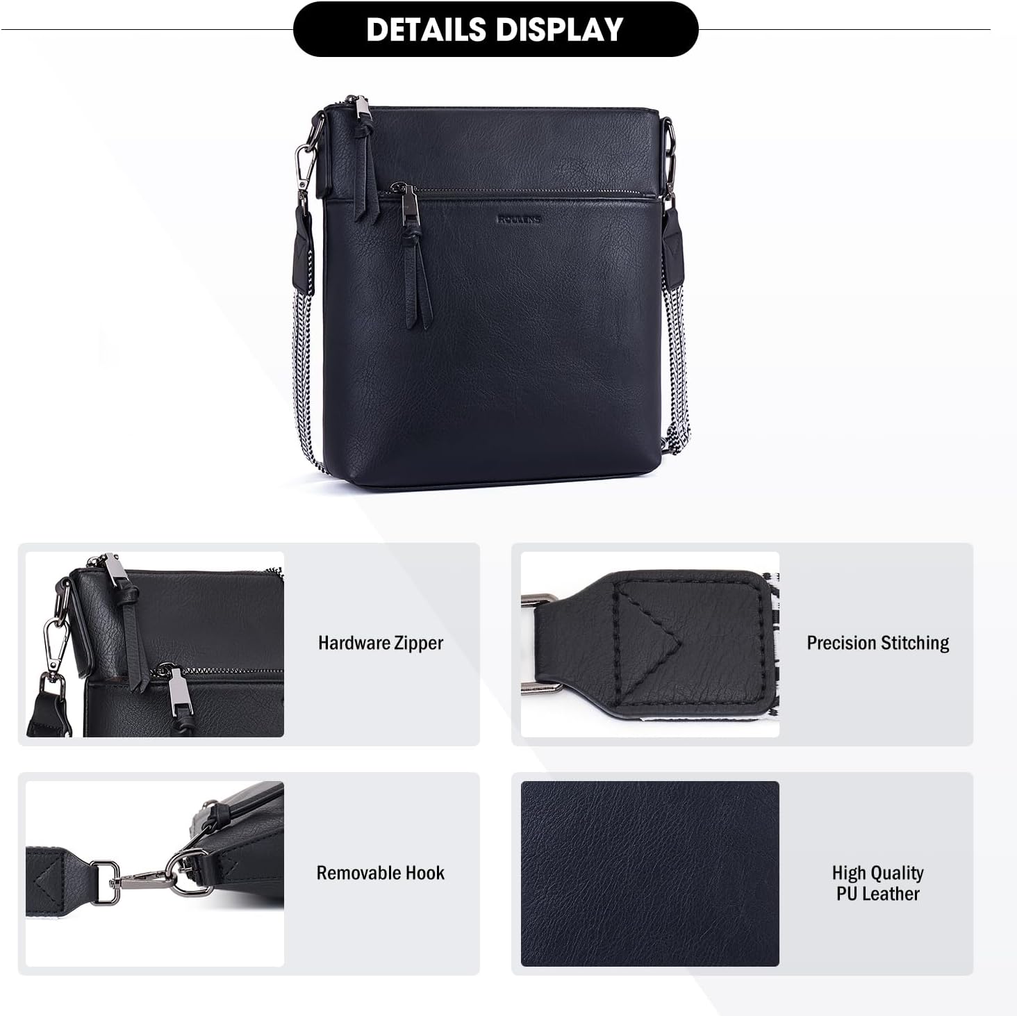 Detalle 2 de Roulens Mittel Damen Umhängetasche aus veganem Leder – RFID-Schutz, drei Fächer, Crossbody
