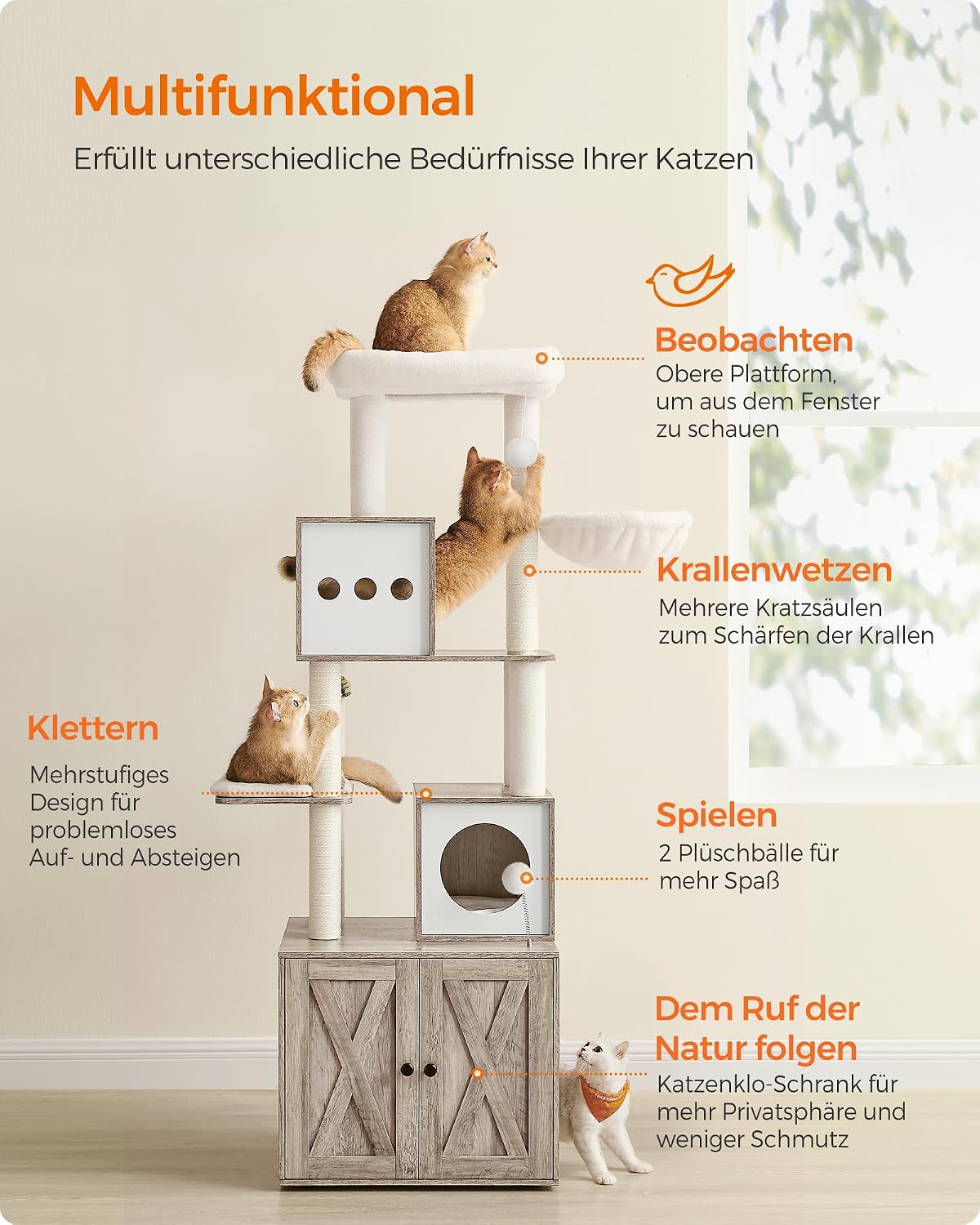 Detalle de Feandrea Kratzbaum mit Katzenklo-Schrank – kompakter Katzenbaum, 178 cm, Greige/Weiß