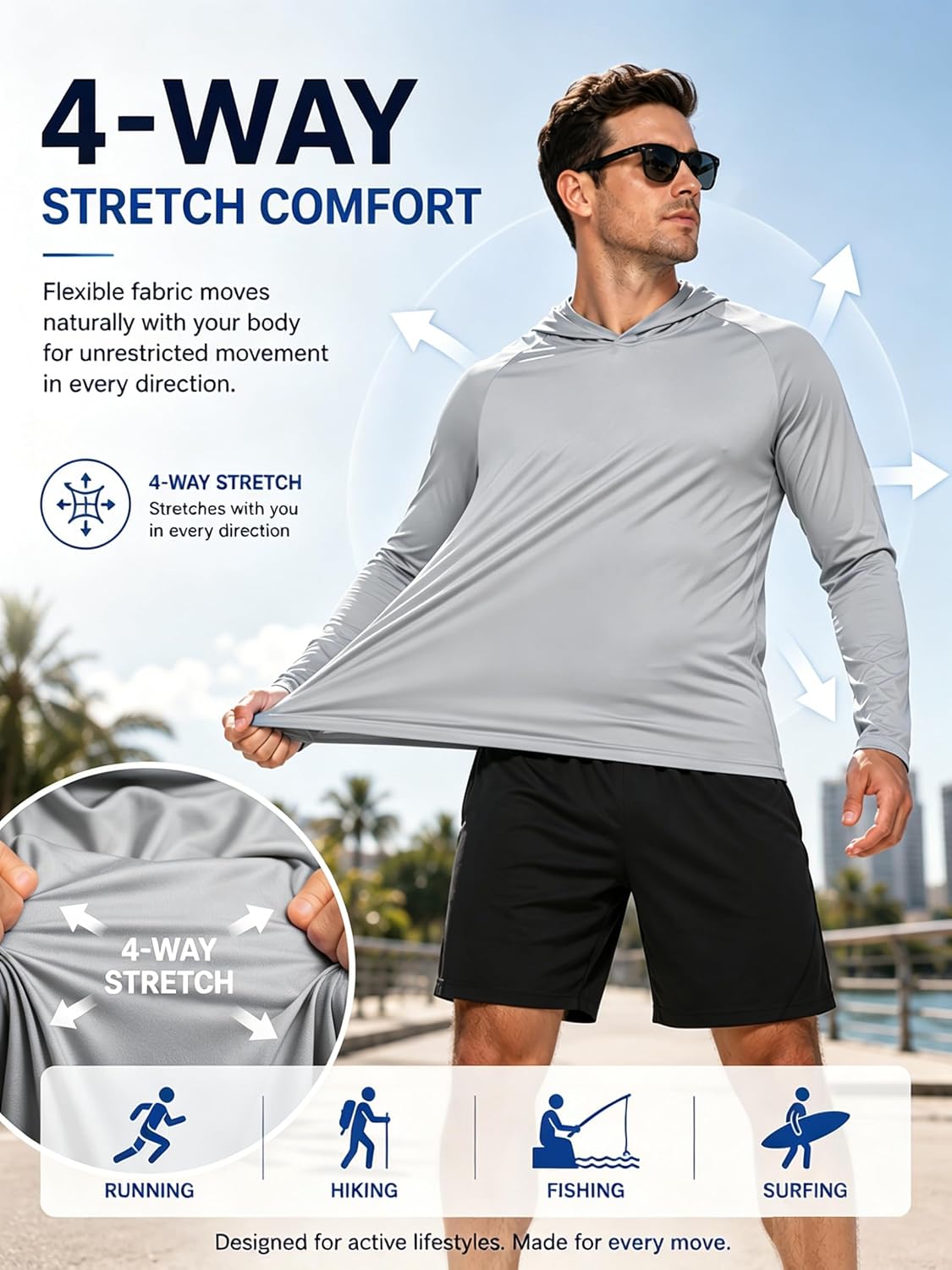 Detalle de ZITY Men's Sun Protection Hoodie Shirt: 3-Pack UPF 50+ Fishing Shirts for All-Day Outdoor Comfort