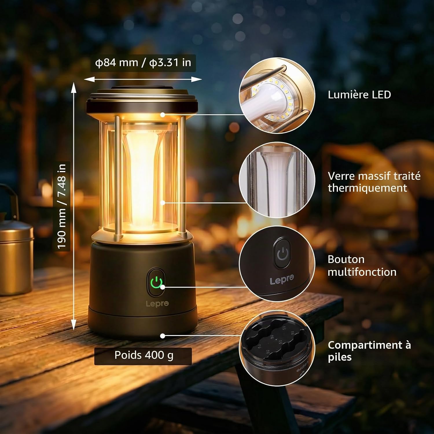 Detalle de Lepro Lanterne Camping LED 1100 lm — lampe portable 360°, 5 modes et étanche IPX4