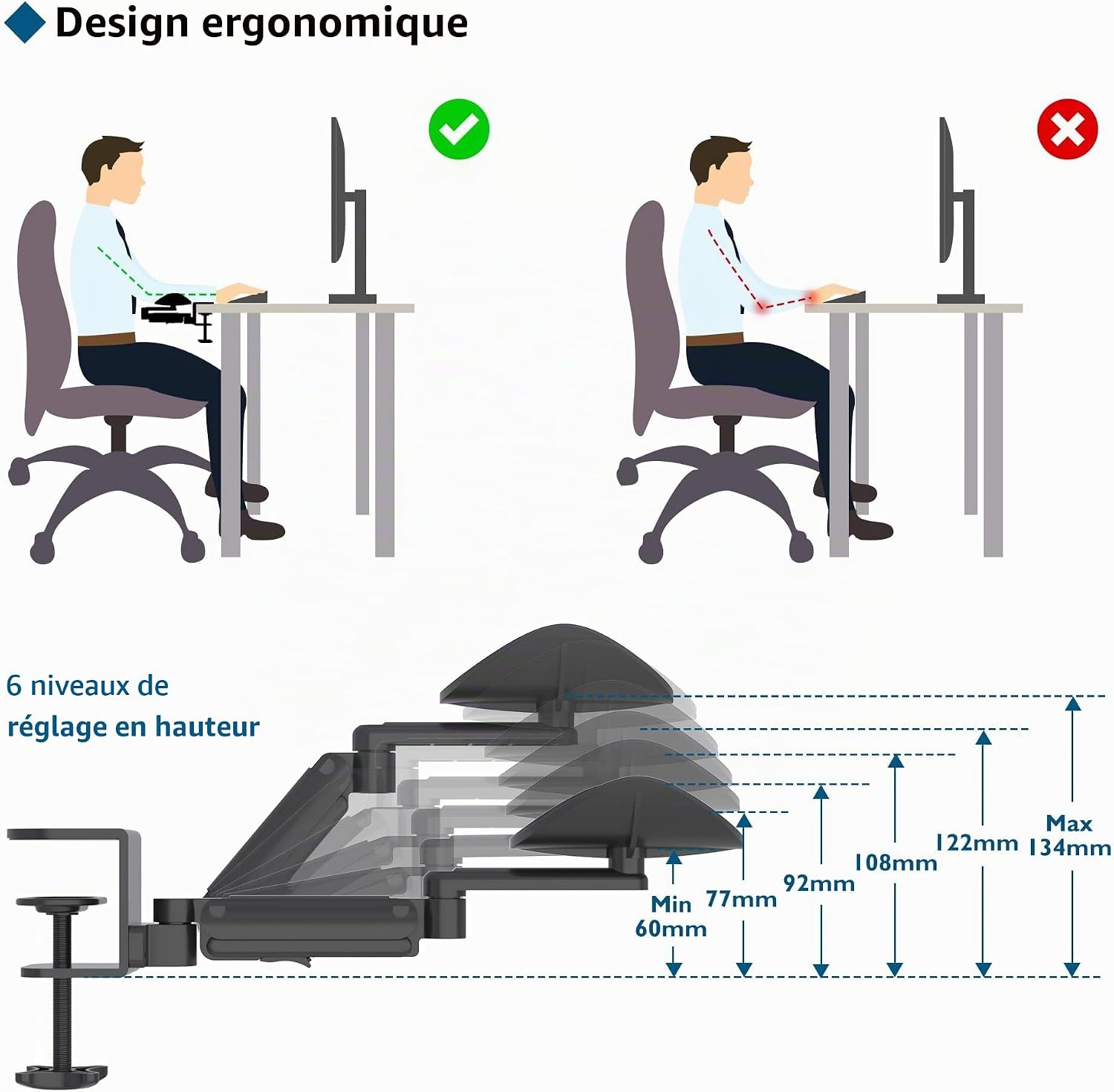 Detalle 2 de BONTEC Ergonomic Arm Rest Support Extender, aluminium bureauarmsteun met draaibare polssteun