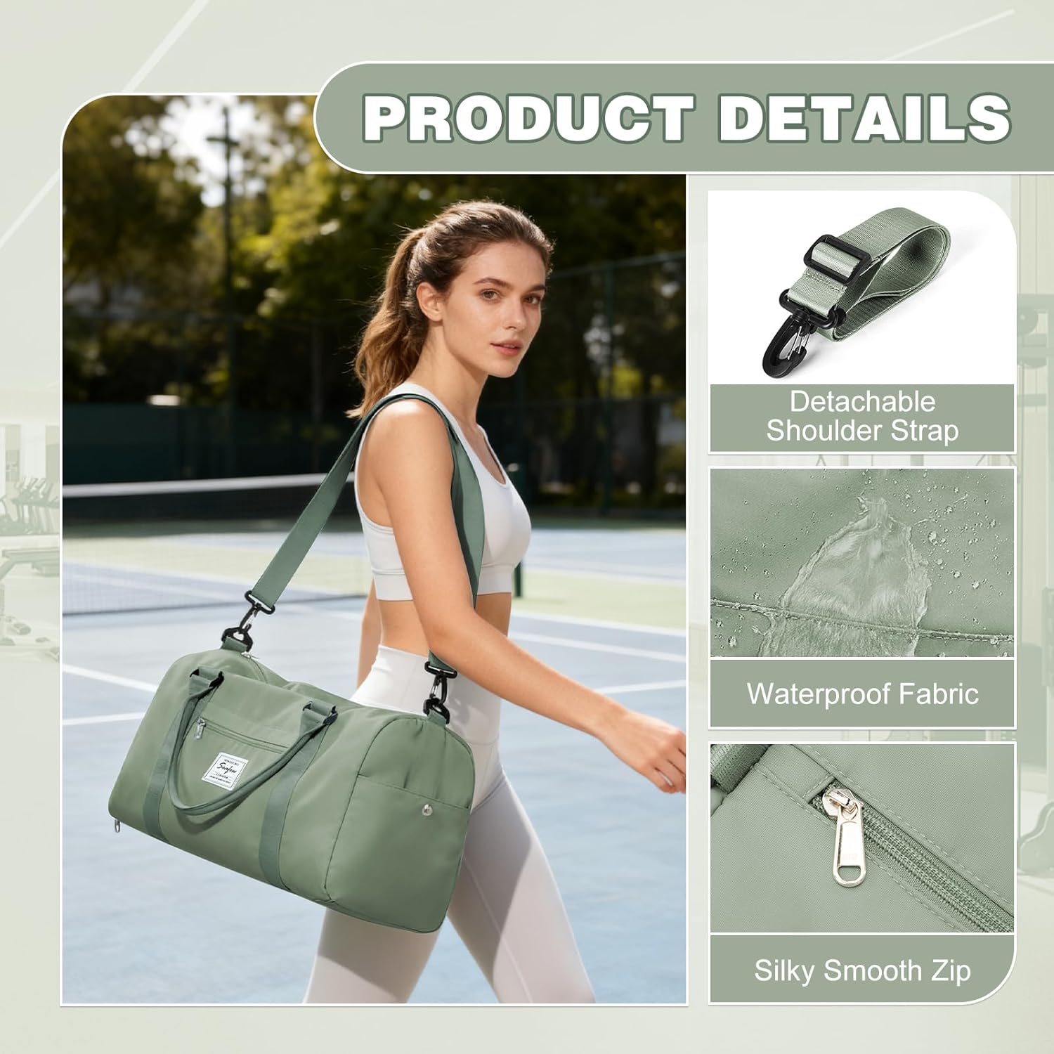 Thumbnail 5 de WEPLAN A9 Grey Green Gym & Travel Duffle Bag with Shoe Compartment, Wet Pocket and Wet/Dry Separation