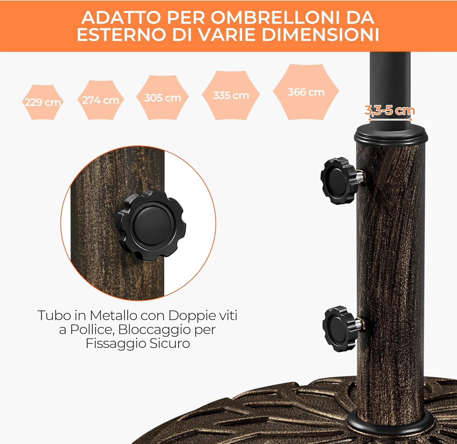 Thumbnail 6 de Yaheetech base per ombrellone da giardino da 20,6 kg con 4 ruote e freni per pali Ø34/38/48 mm (bronzo)