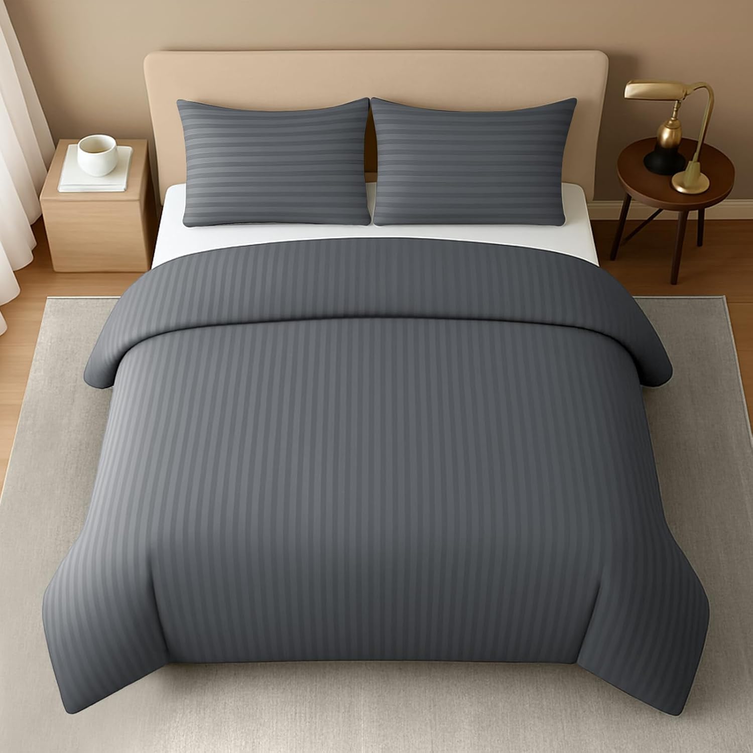 Detalle de Pamposh Satin Stripe Double Duvet Set – Premium Hotel Quality Microfibre Bedding