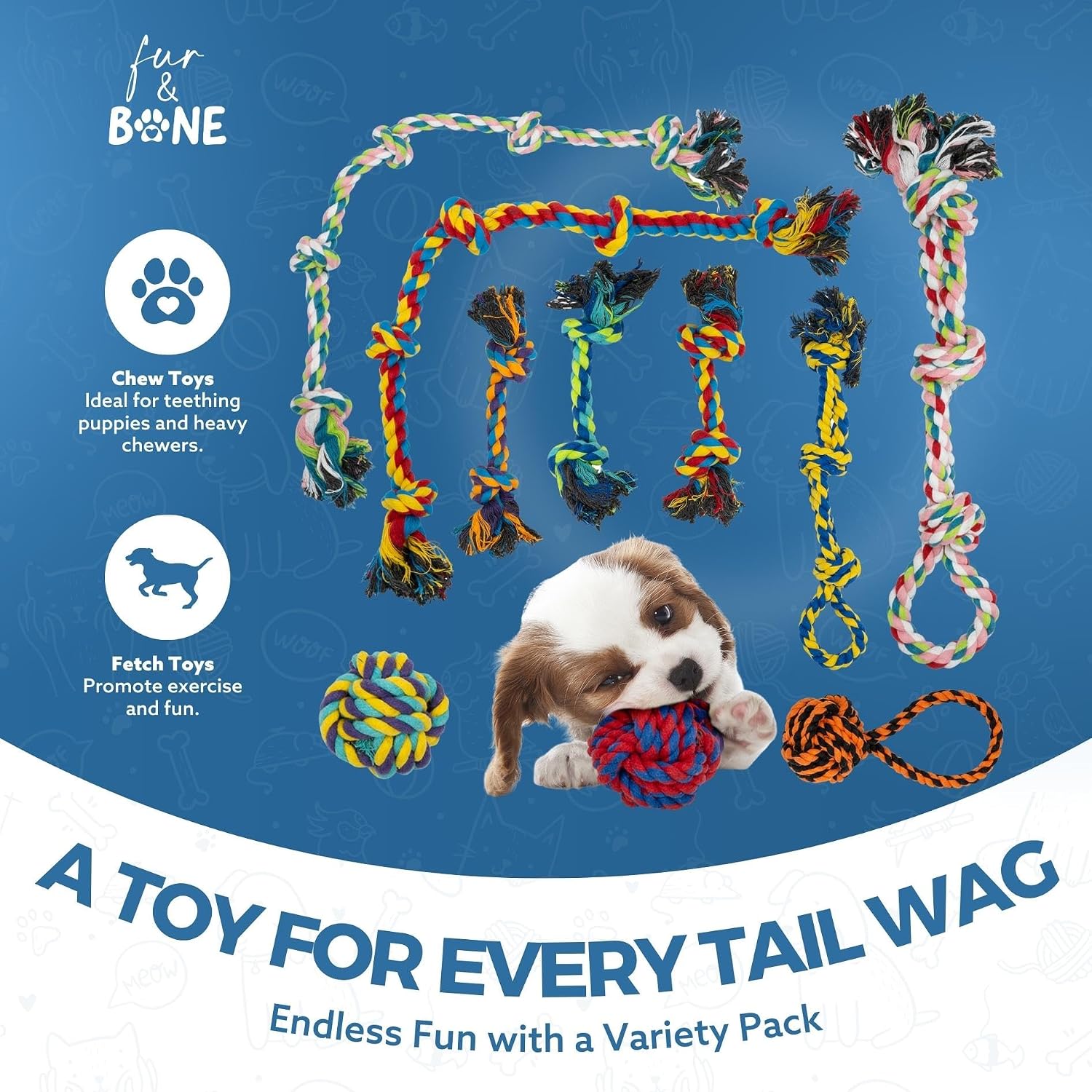 Detalle de Fur & Bone 10 Pcs Dog Toys – All Breeds Indestructible Rope, Tug & Chew Set