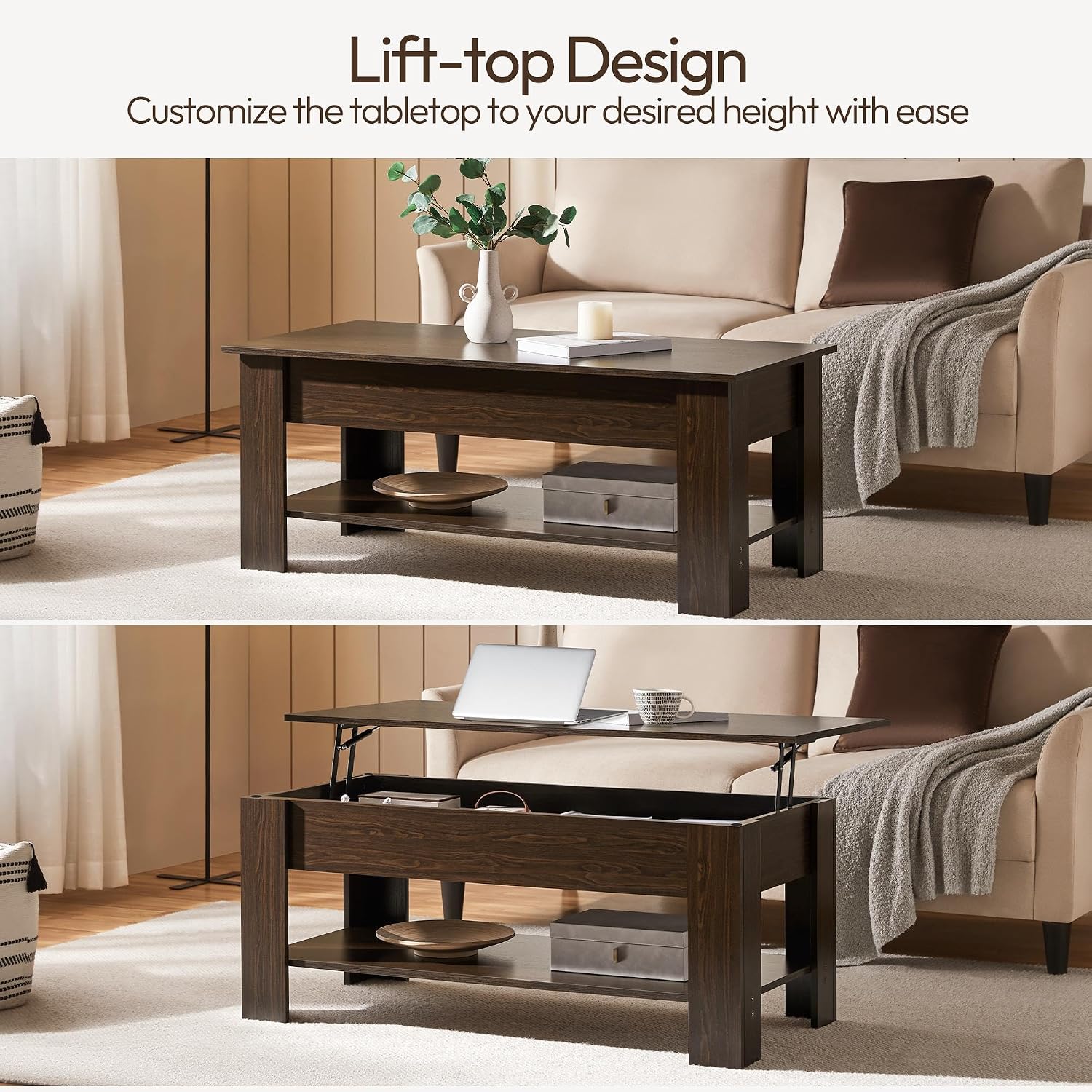 Detalle de Yaheetech Espresso Lift-Top Coffee Table with Storage, 98cm