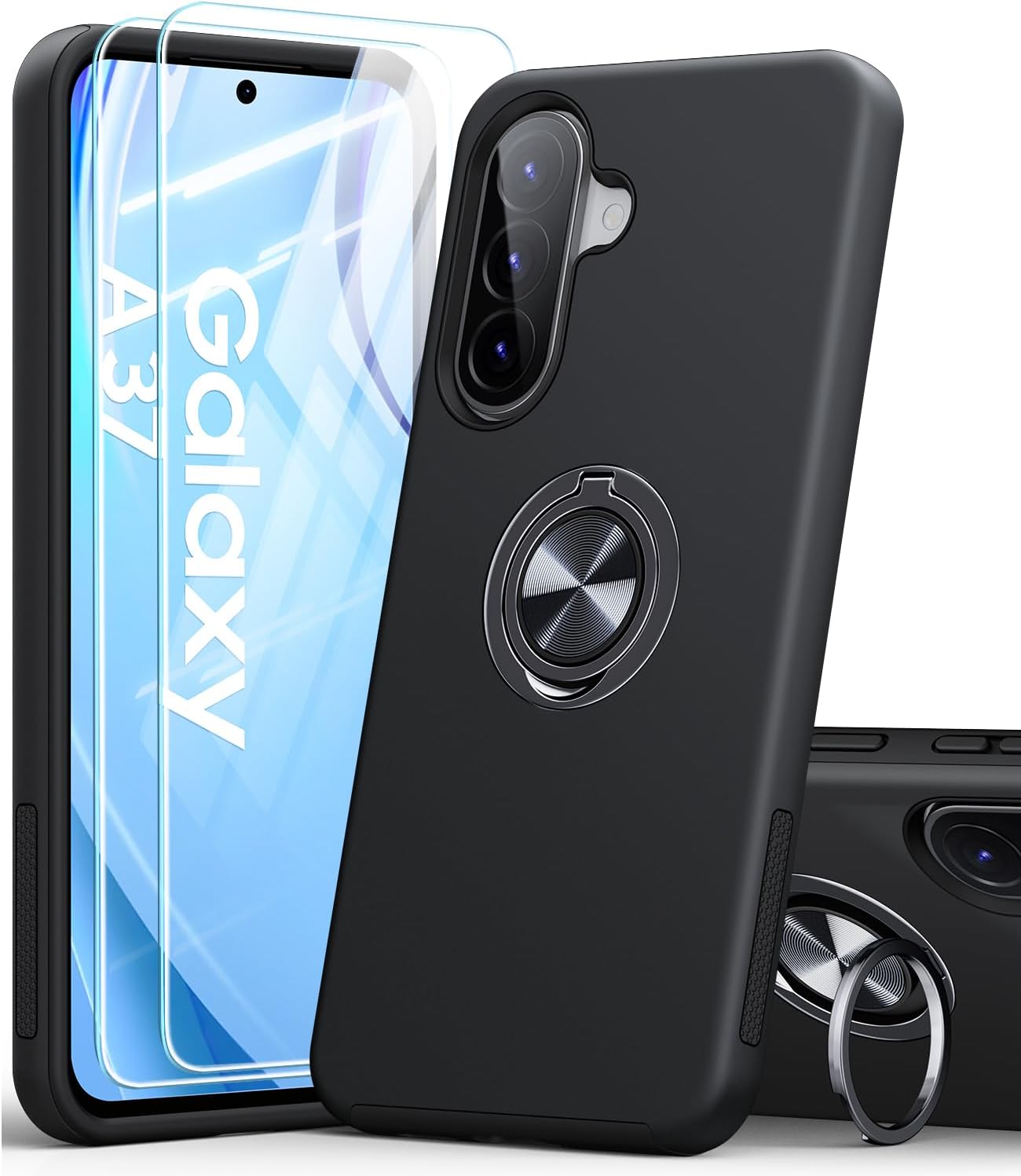 Detalle de AOUIA Hülle für Samsung Galaxy A37 5G mit 2 Panzergläsern, 3-in-1 Set und 360° Ring-Kickstand (schwarz)
