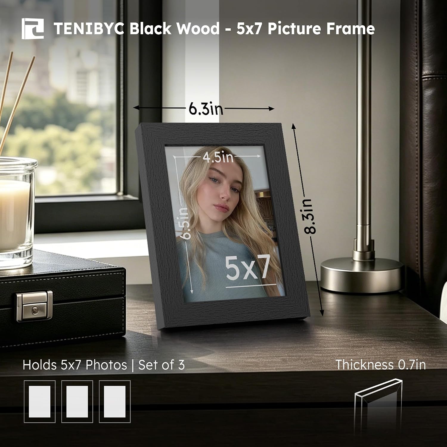 Detalle 2 de TENIBYC 5x7 Picture Frame 3 Pack – Black Woodgrain, Solid Wood & HD Tempered Glass