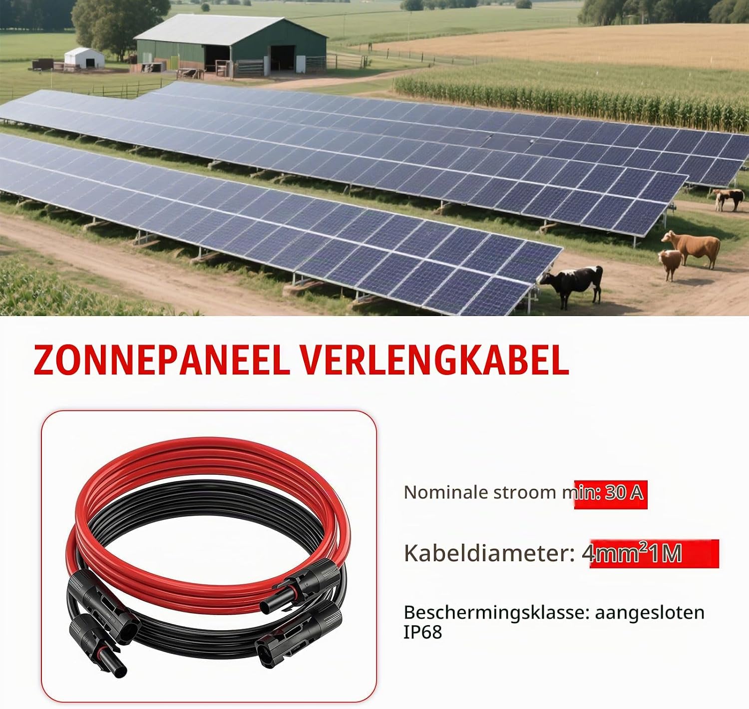 Detalle 1 de Puiseno zonnekabel 4 mm², 2 m, rood-zwart met zonnestekkers