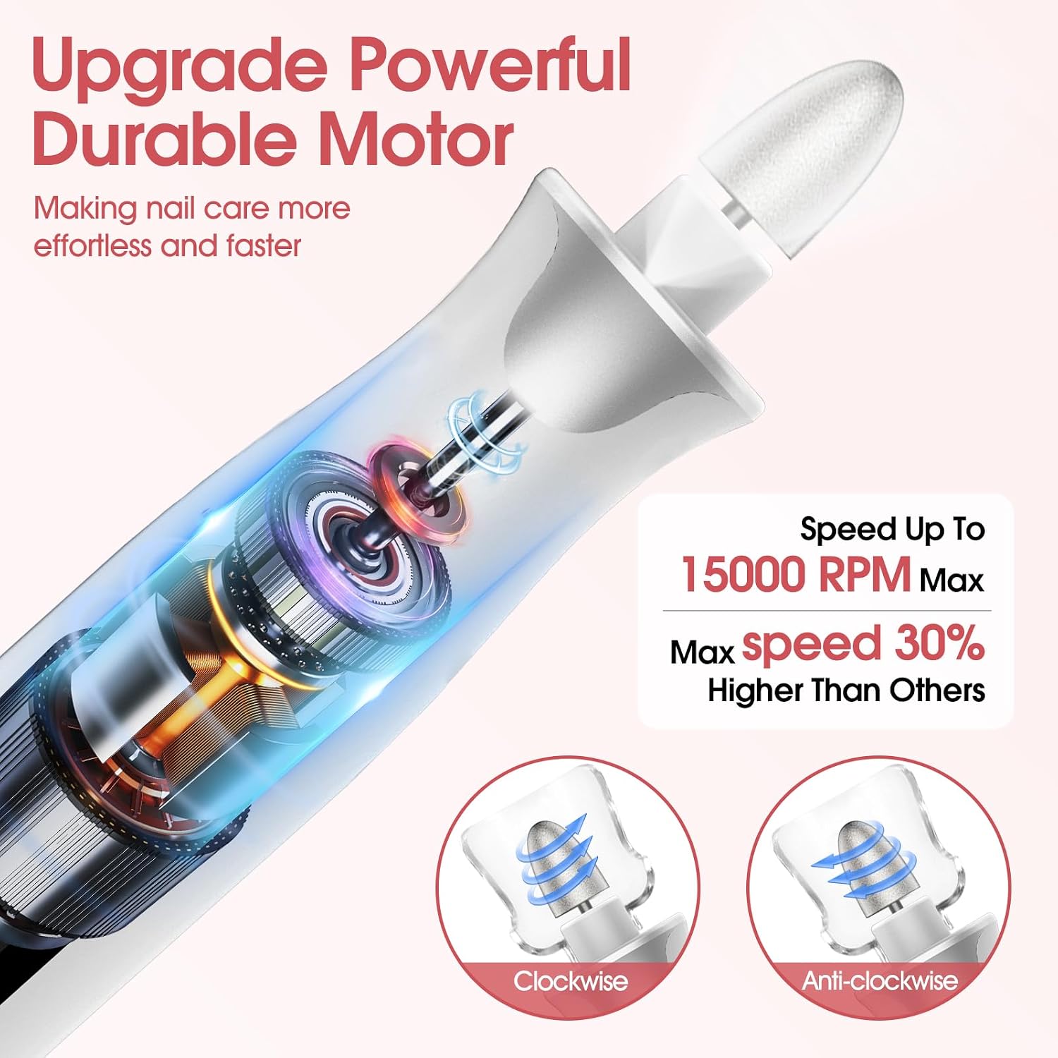 Detalle de ZABOUL AOL05 Cordless Electric Nail Drill, 10 Speeds, 10 Bits & 60 Bands