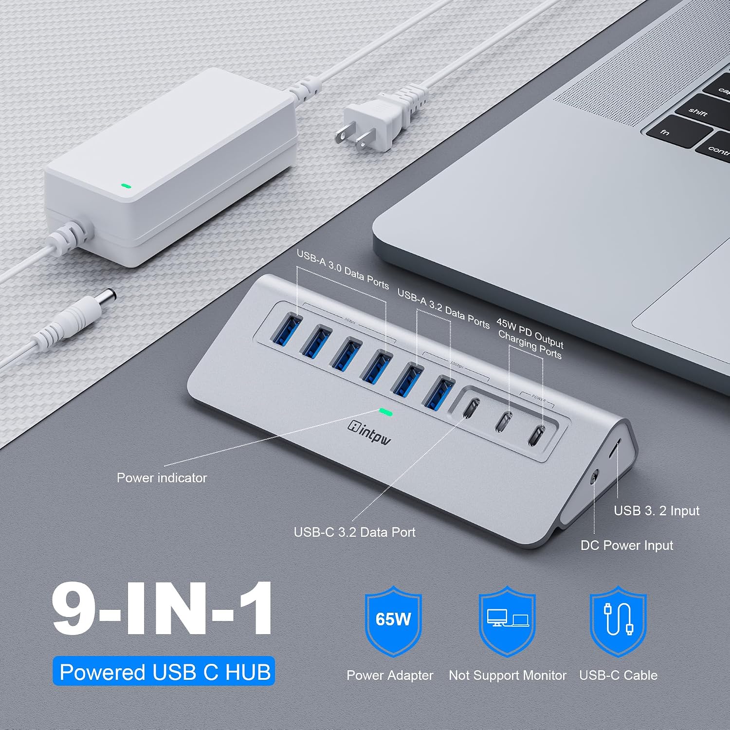 Detalle 2 de intpw 9-Port USB 3.2 Hub 65W ⚡