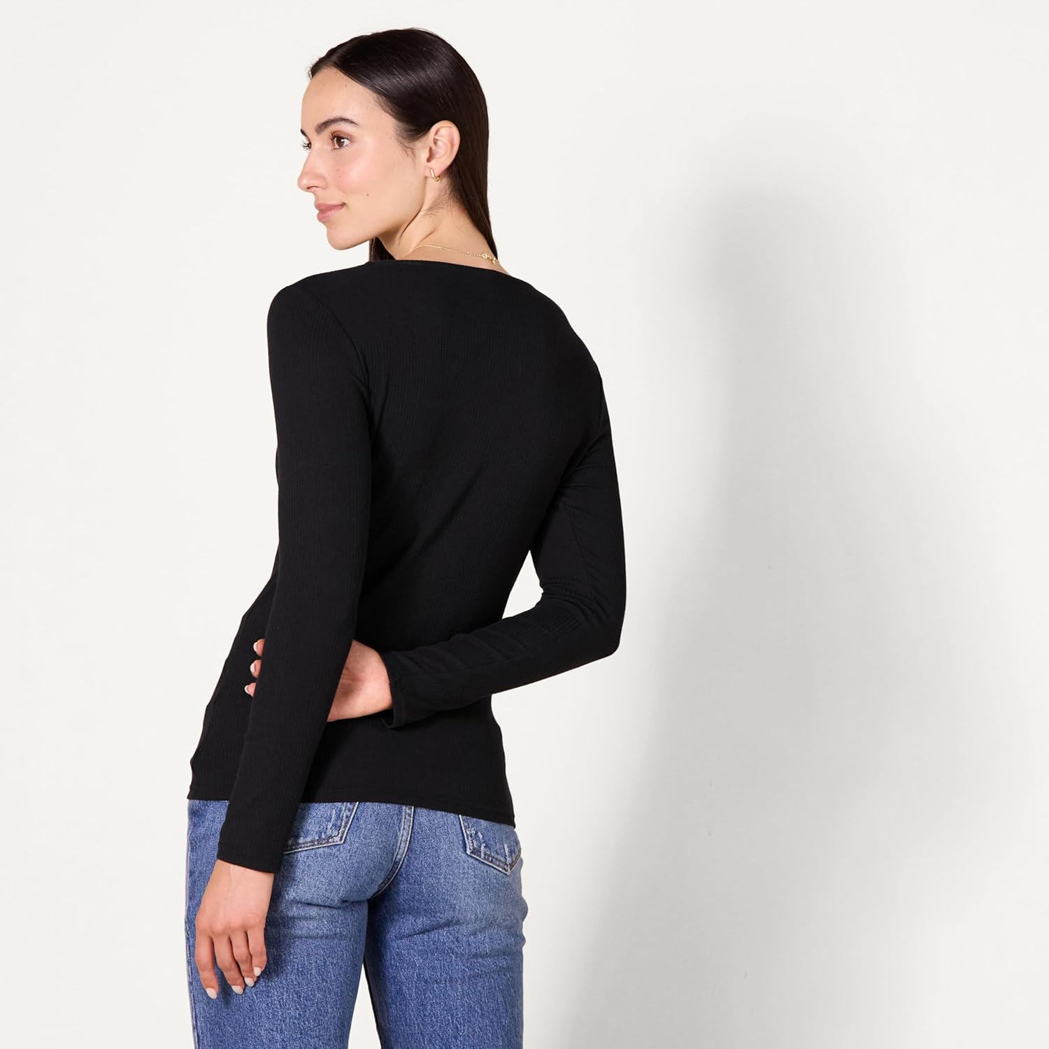 Thumbnail 2 de Langärmeliges, gerafftes Rippsstrick-T-Shirt für Damen mit V-Ausschnitt (Schmale Passform)